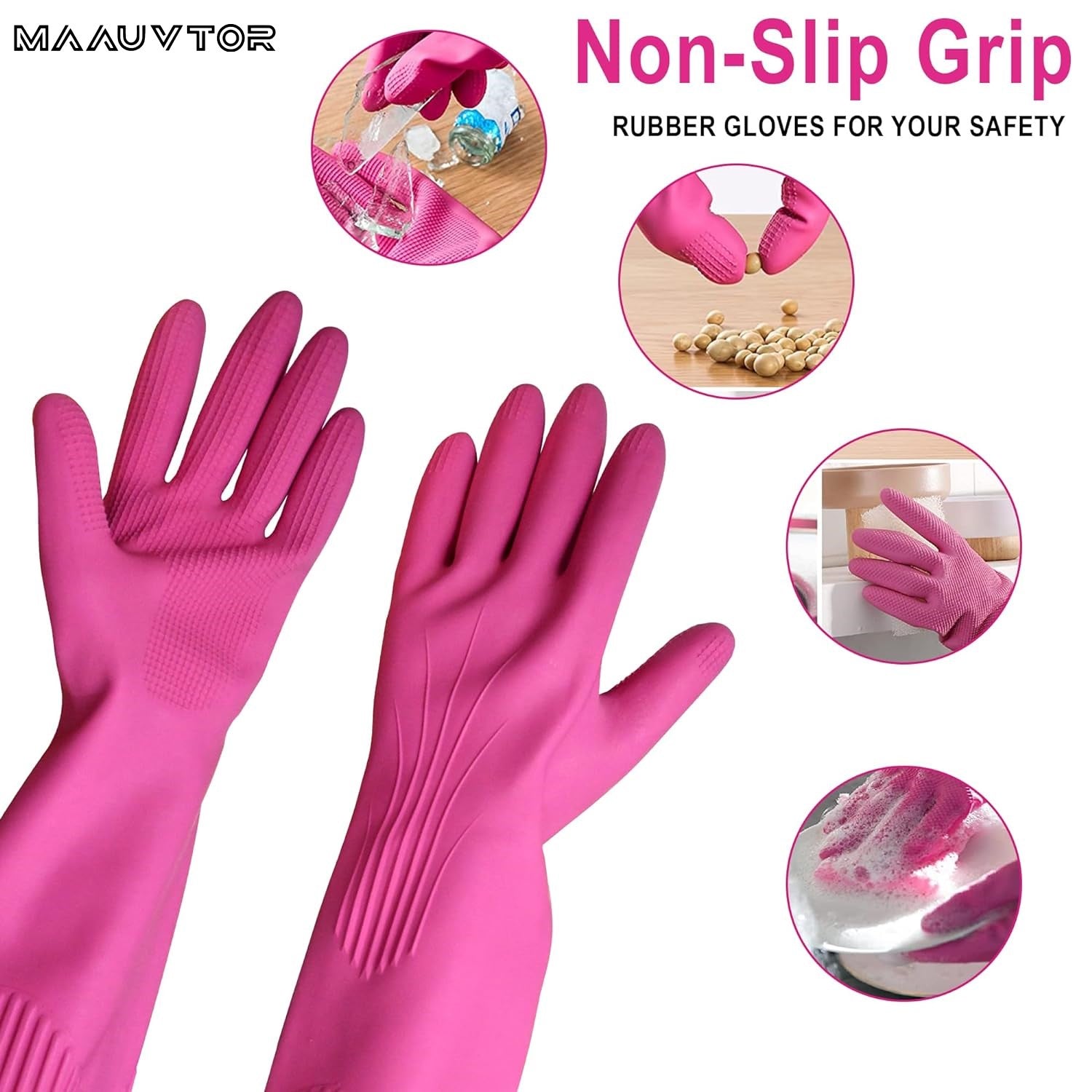 Dishwashing Cleaning Gloves Waterproof Reusable Long Elbow Hand Gloves Latex-Free Household Kitchen Gloves for Laundry, Working, Gardening, Sanitation and Lab Work (Flower Pink)