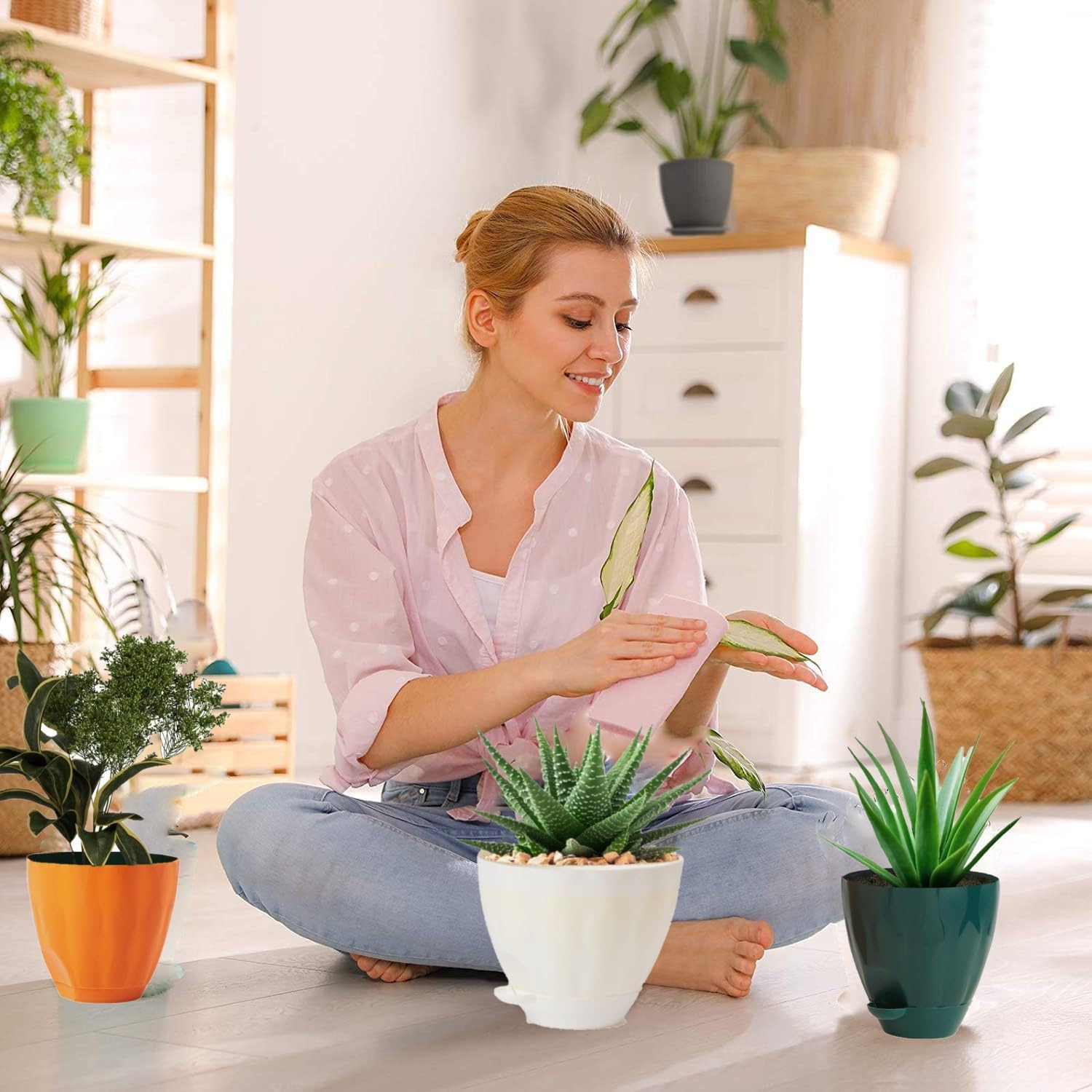 Plastic Cool Garden Planters for Home| Plant Container Set| Drip Trays Pots| Plastic Pots with Saucers (White)