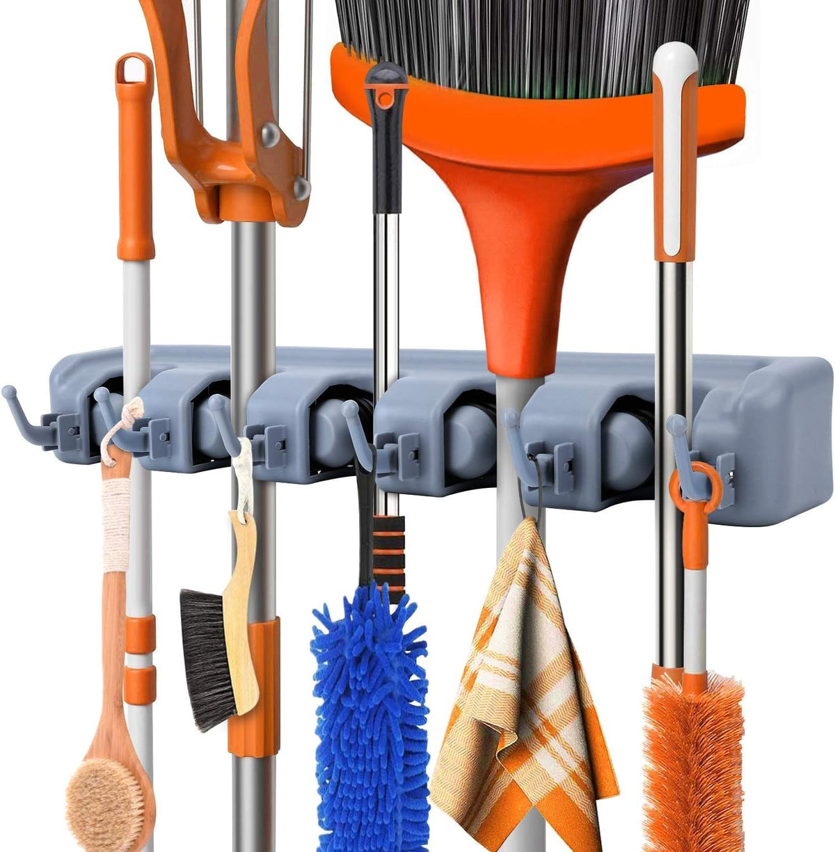 polypropylene broom holder wall mounted, jhadu mop and stick holder wall mount hanger stand storage organizer, broomstick, brooms, mops organizers for home, bathroom (5 Slot 6 Hooks)- Gray