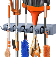 polypropylene broom holder wall mounted, jhadu mop and stick holder wall mount hanger stand storage organizer, broomstick, brooms, mops organizers for home, bathroom (5 Slot 6 Hooks)- Gray
