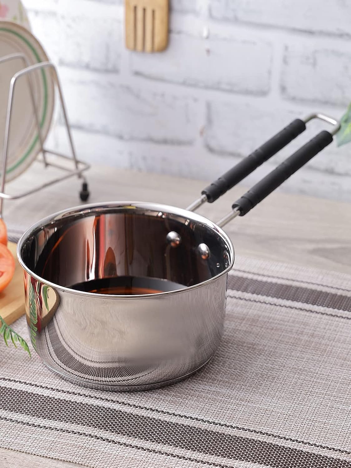 Heavy Gauge Stainless Steel Sauce Pan, Tea Pan, Milk Pan Pot Tapeli Patila Milk Boiler Induction & Gas Compatible Heat-Resistant Bakelite Handle (Silver 2 Litre)
