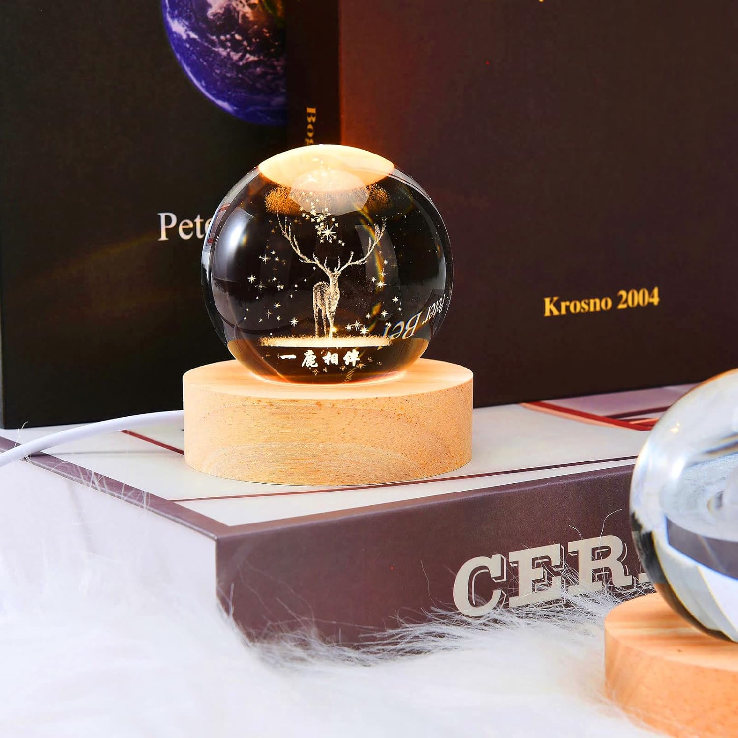 3D Engraved Deer Crystal Globe Lamp | USB LED Night Light with Wooden Base | Creative 6 cm Crystal Ball Table Lamp for Bedroom, Home, Office Décor & Gifting