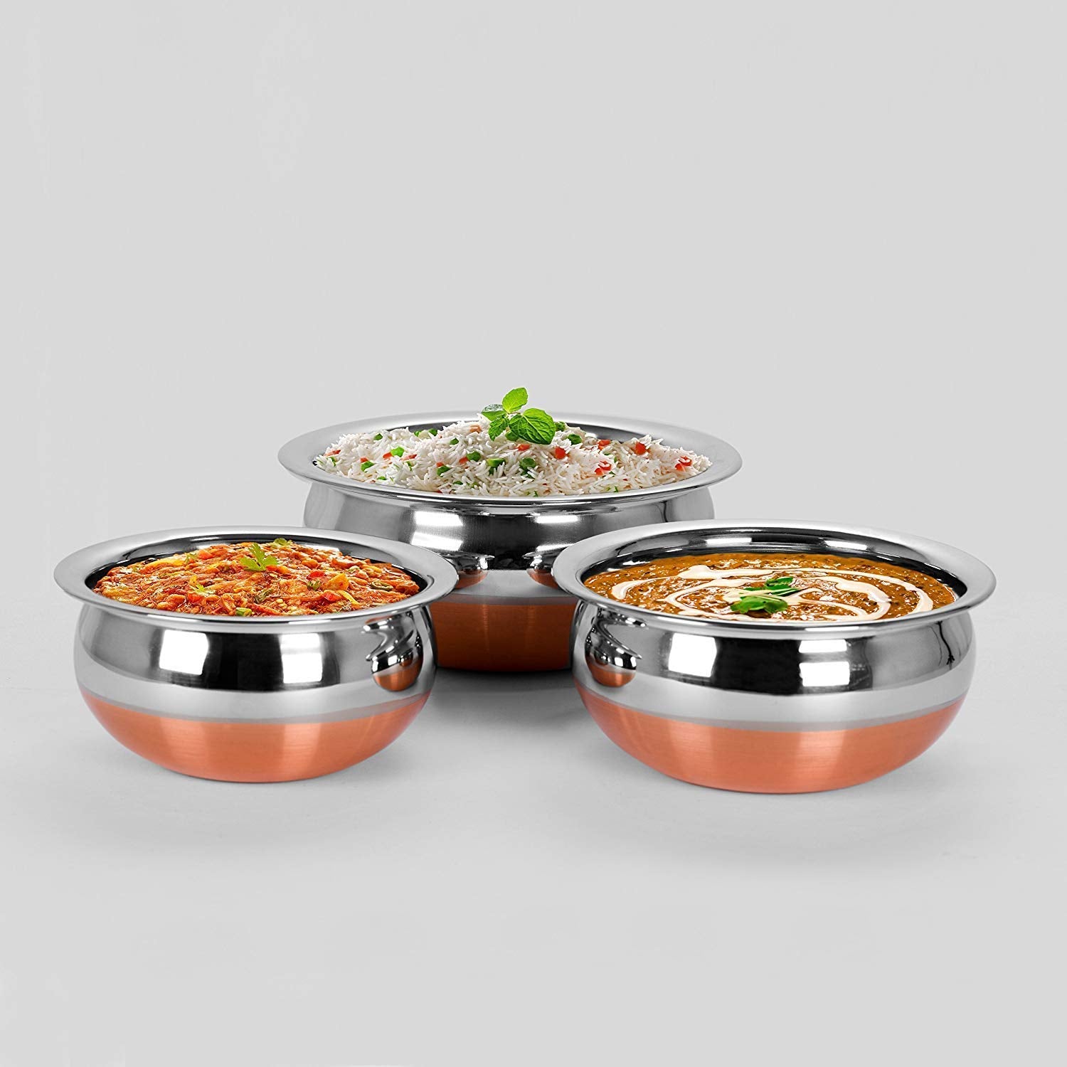 Stainless Steel Copper Bottom Cooking Serving Pot Biryani Handi Punjabi Handi - 3 Pcs Set