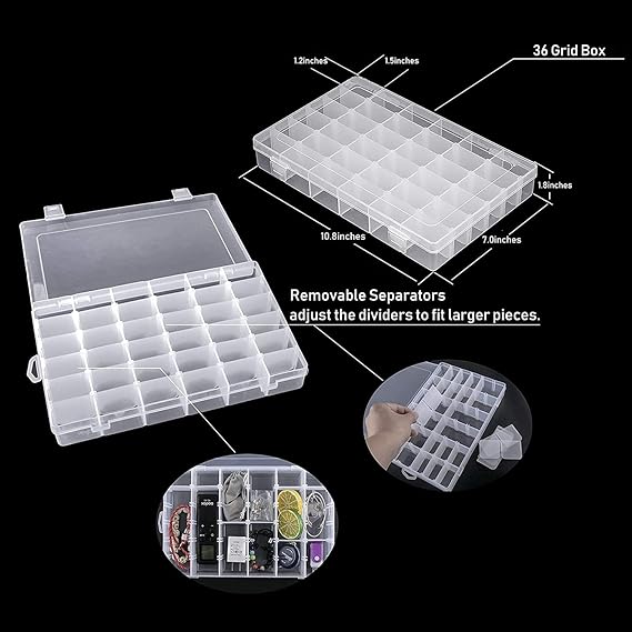 24 Grids Clear Plastic Organizer Box, BUG HULL Craft Storage Container Jewelry Box with Adjustable Dividers for Beads Art DIY Crafts Jewelry Fishing Tackle Metal Parts Accessories Screws Button