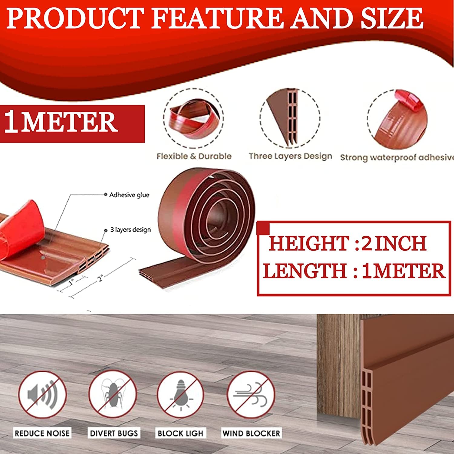 Silicon Bottom Sealing Strip Self Adhesive Door/Window Shield Tape Gap Filler Door Bottom Sealing Strip Guard Draft Stopper for Air Gap Cockroach, Insect, Bugs, Air & Dust (Brown)