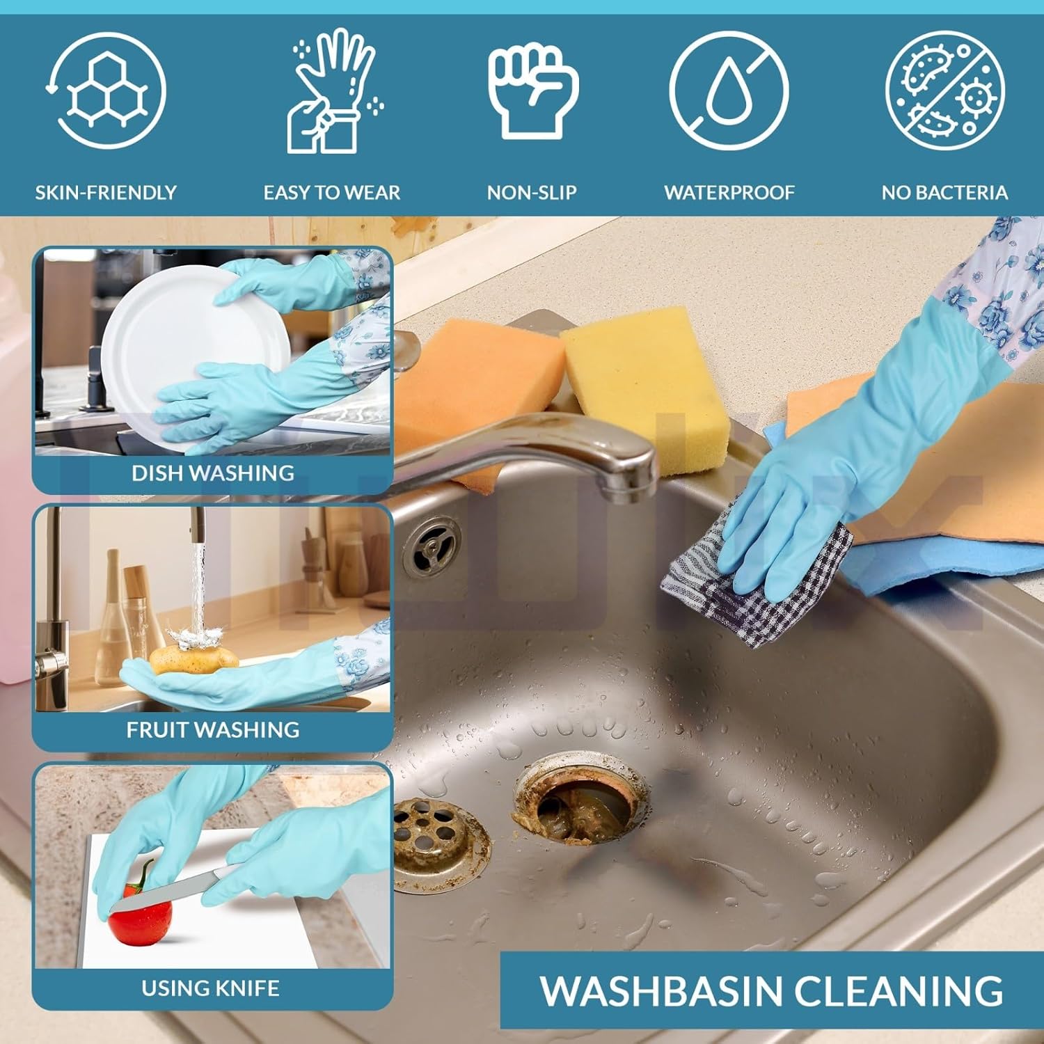 Reusable Rubber Latex Pvc Flock Lined Long Elbow Hand Gloves Safety Kitchen For Dish-Washing,Cleaning,Gardening,Laundry And Sanitation And Lab Work(Blue)(Pack of 1 Pair Blue And 1 Pair Pink)