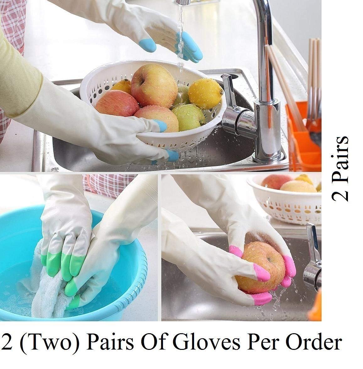 Reusable Heavy Duty Hand gloves for Dishwashing, gardening, kitchen cleaning Non-Slippery & Durable Long Elbow Length(Inner cotton lining for comfort) (Blue White Rubber Glove)