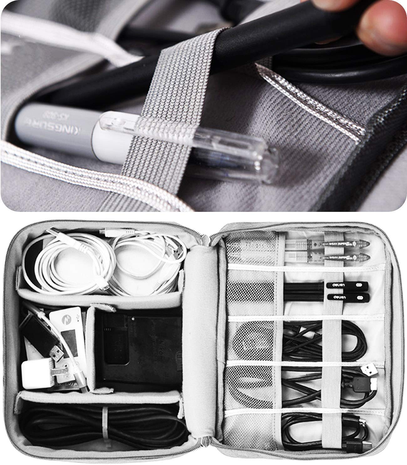 Gadget Organizer Electronics Accessories Organizer Bag, Universal Carry Travel Gadget Bag for Cables, Plug and More, Perfect Size Fits for Pad Phone Charger Hard Disk (Grey)