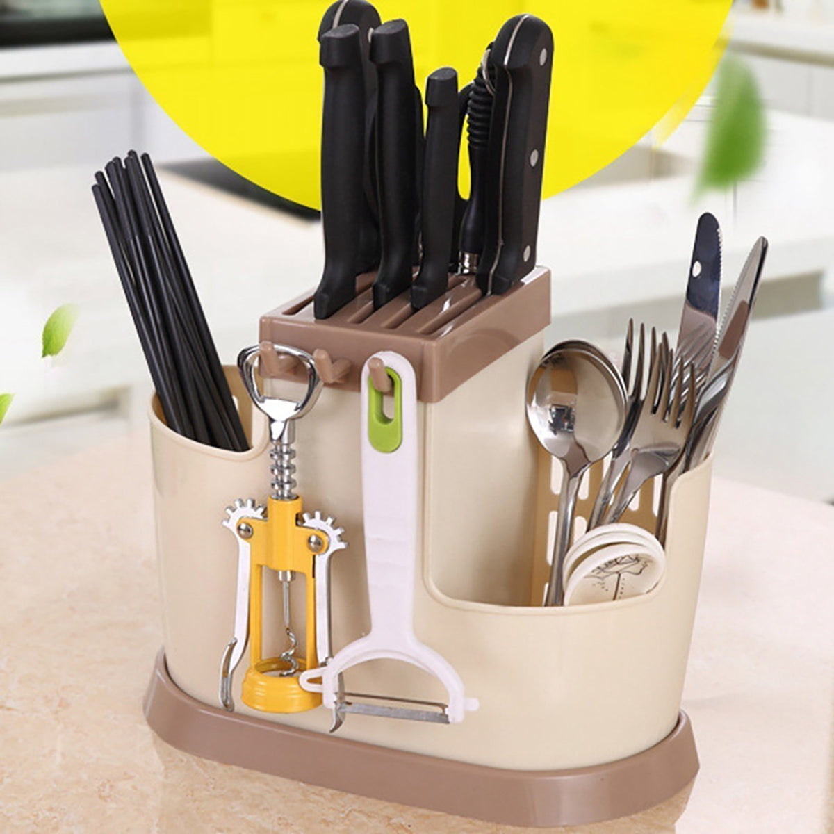 Plastic Multi Functional Chopsticks Holder Kitchen's Spoons, Knife & Other Cutlery Storage Holder Stand with Removable Draining Tray
