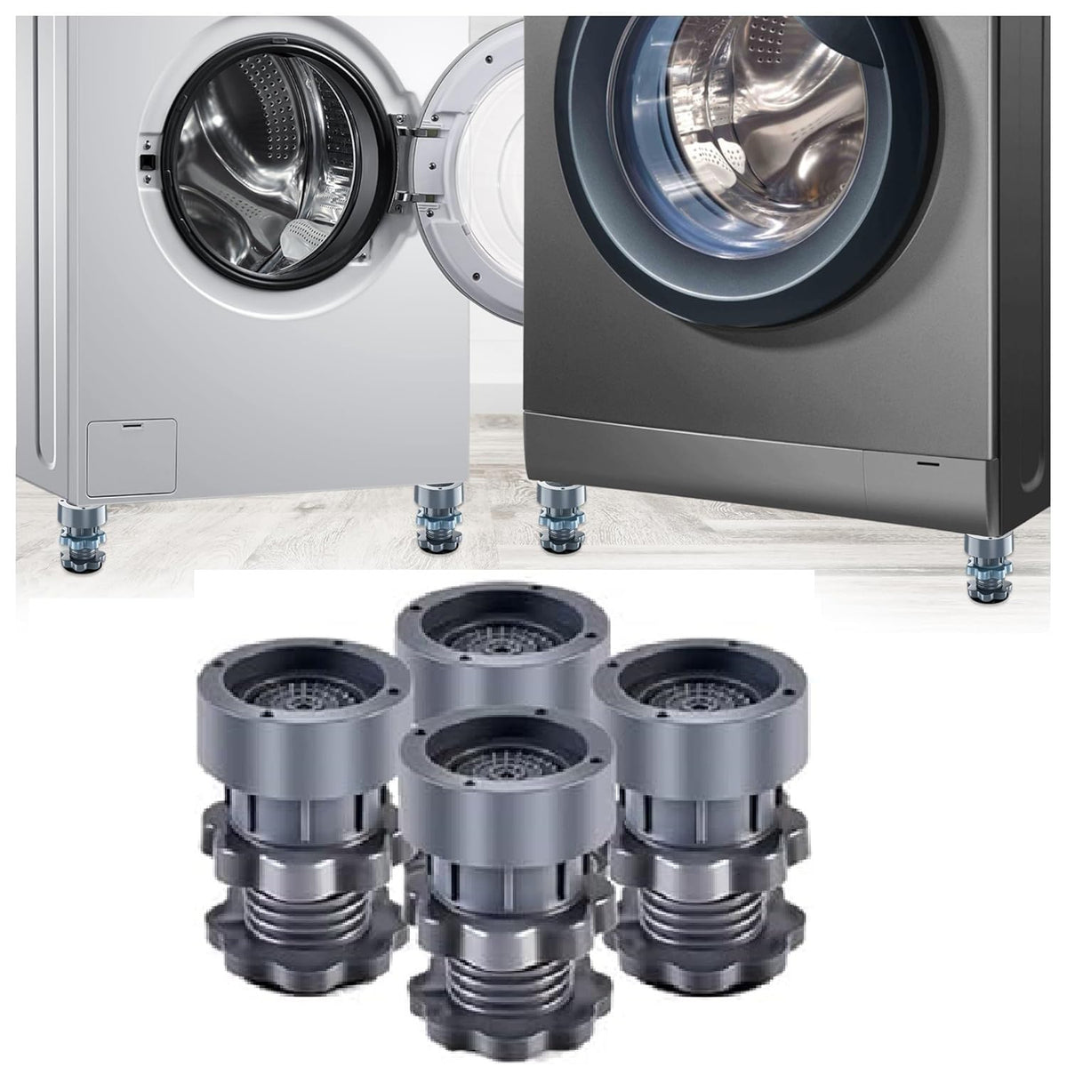 Washing Machine Vibration Pads, Floor Trays, Refrigerator Stand, Washing Machine Stand,Height Adjustment Feet for Refrigerators, Fridge Stands with Anti-Slip Rubber (4 Pcs Set) (Grey-Rubber)