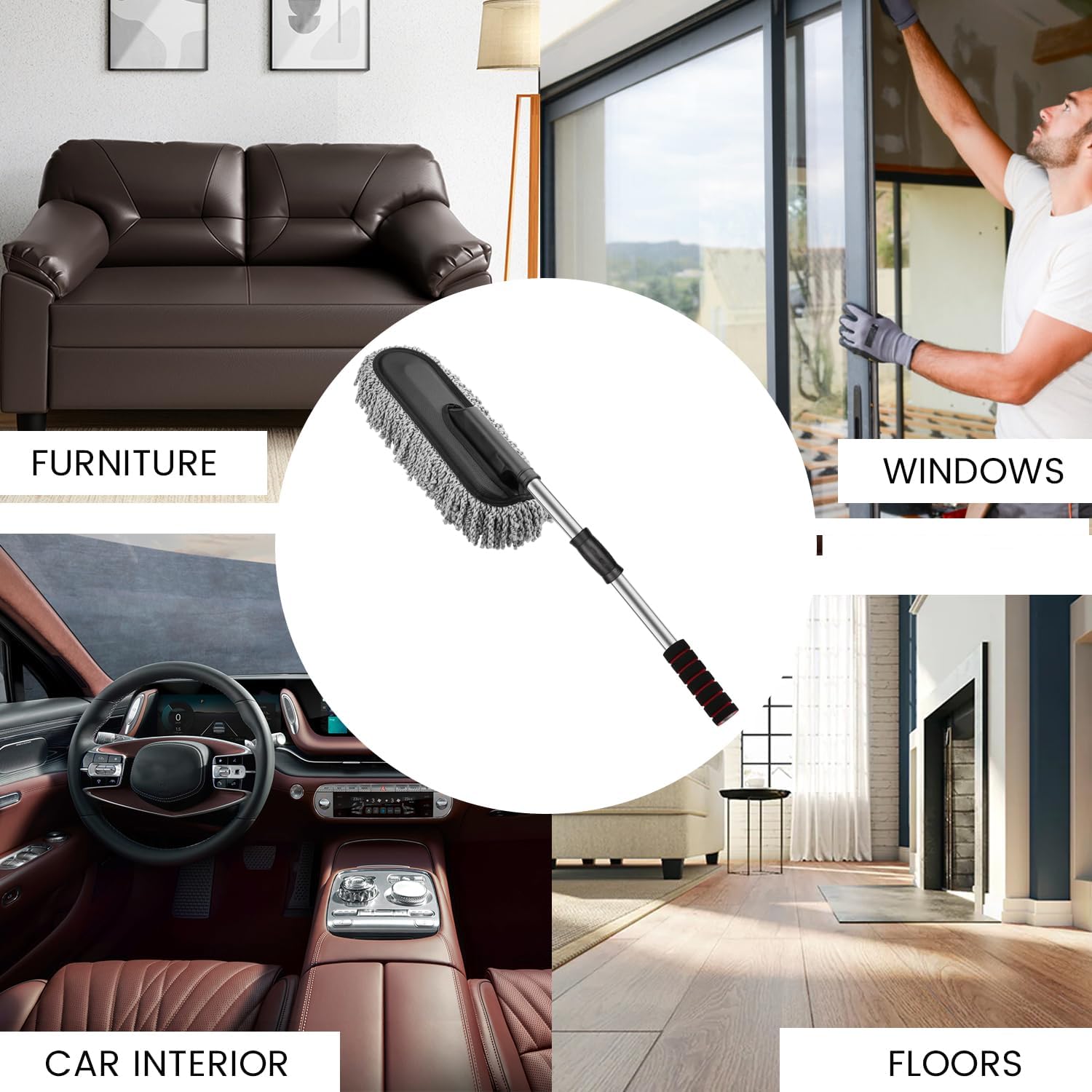 Soft Microfiber Car Duster Brush with Extendable Handle Wet & Dry Scratch Free Surface Cleaner Multipurpose Kitchen Vehicle Dust Cleaning Accessory (Big)