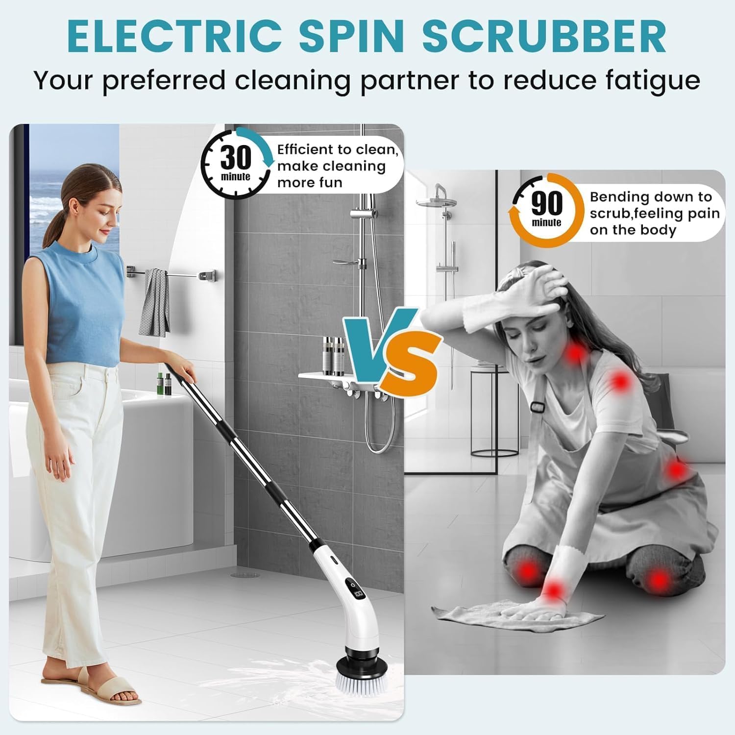 Electric Spin Scrubber,Cleaning Brush Scrubber for Home, 400RPM/Mins-9 Replaceable Brush Heads-90Mins Work Time,Adjustable Size,2 Adjustable Speeds for Bathroom Shower Bathtub Car