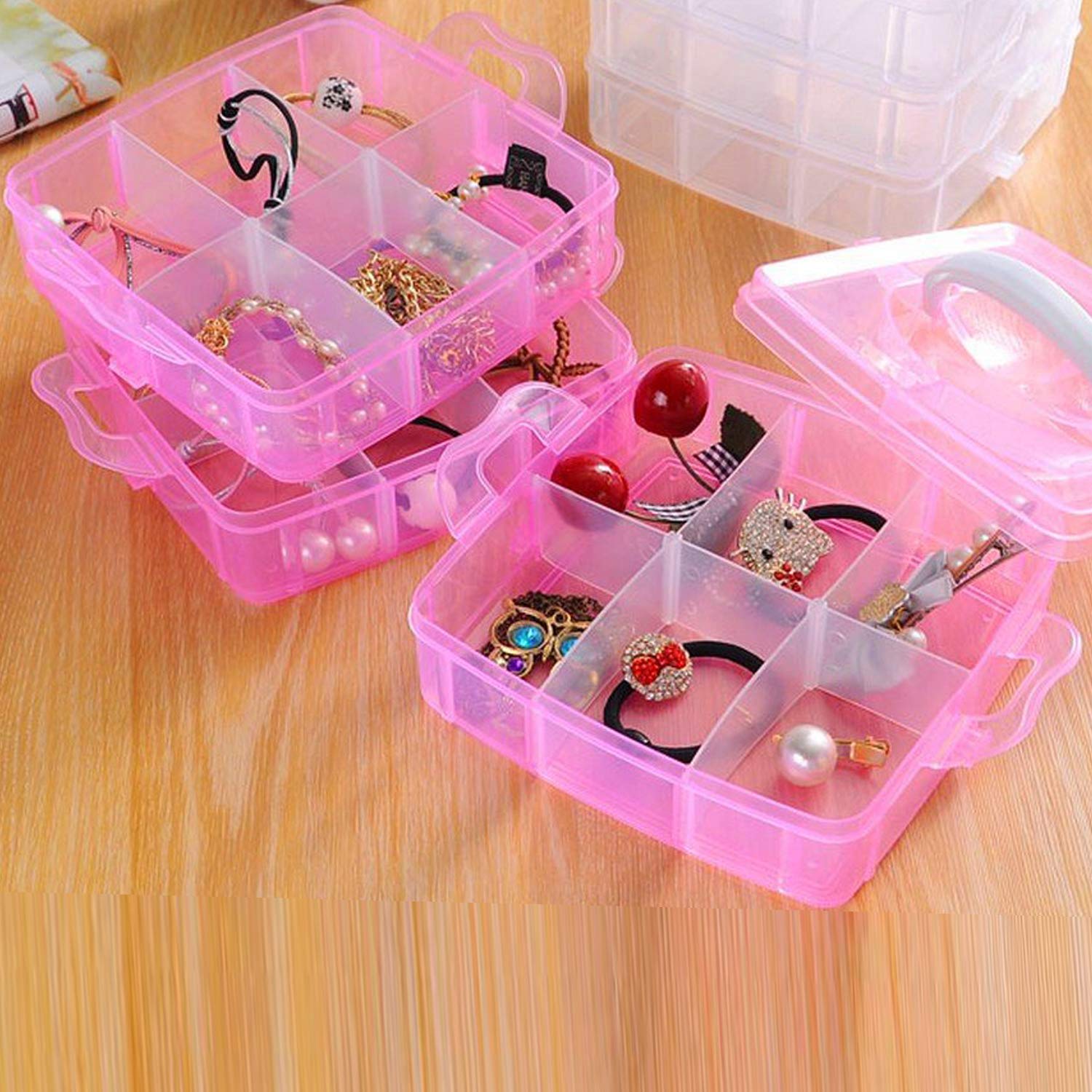 Plastic 3 Tier Stackable Adjustable 18 Compartment Slot Snap-Lock Bead Craft Jewellery Tool Organiser (Light Pink)