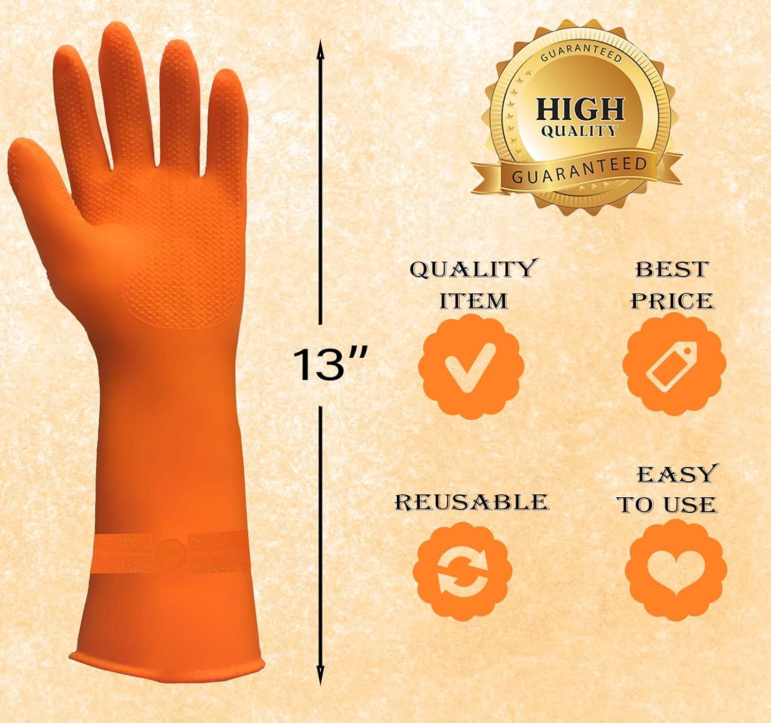 Rubber Cleaning Gloves | Reusable Gloves for Cleaning | Chemicals & Detergents Resistant | Pack of (1) |Heavy Duty Hand Gloves |Hand Gloves for Dish Washing, Gardening & Cleaning (Orange)