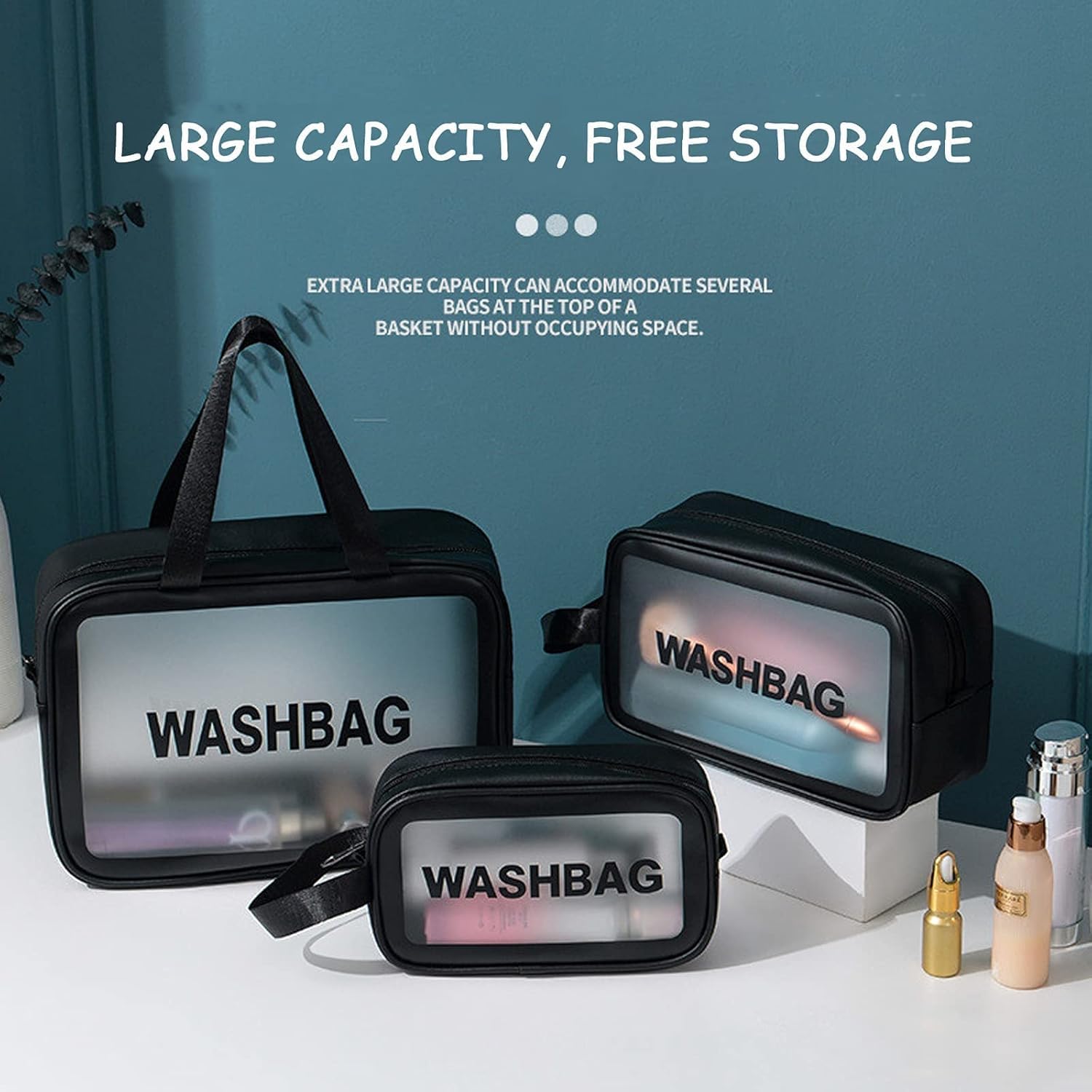 Wash Bag Pouch for Travel Kit Toiletry Bag Cosmetic Bag Make Up Box for Brushes, Accessories with Handle ,Large Capacity Waterproof Travel Storage Organizer Set of 3 (Black)