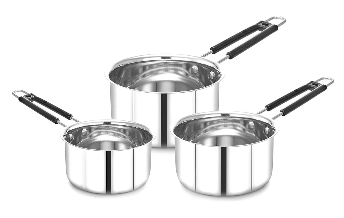 Heavy Stainless Steel Combo Milk Pan/Sauce Pan/Tea PAN/Stainless Steel Sauce Pan, Milk Pan Bhagona 3 pcs (Silver)