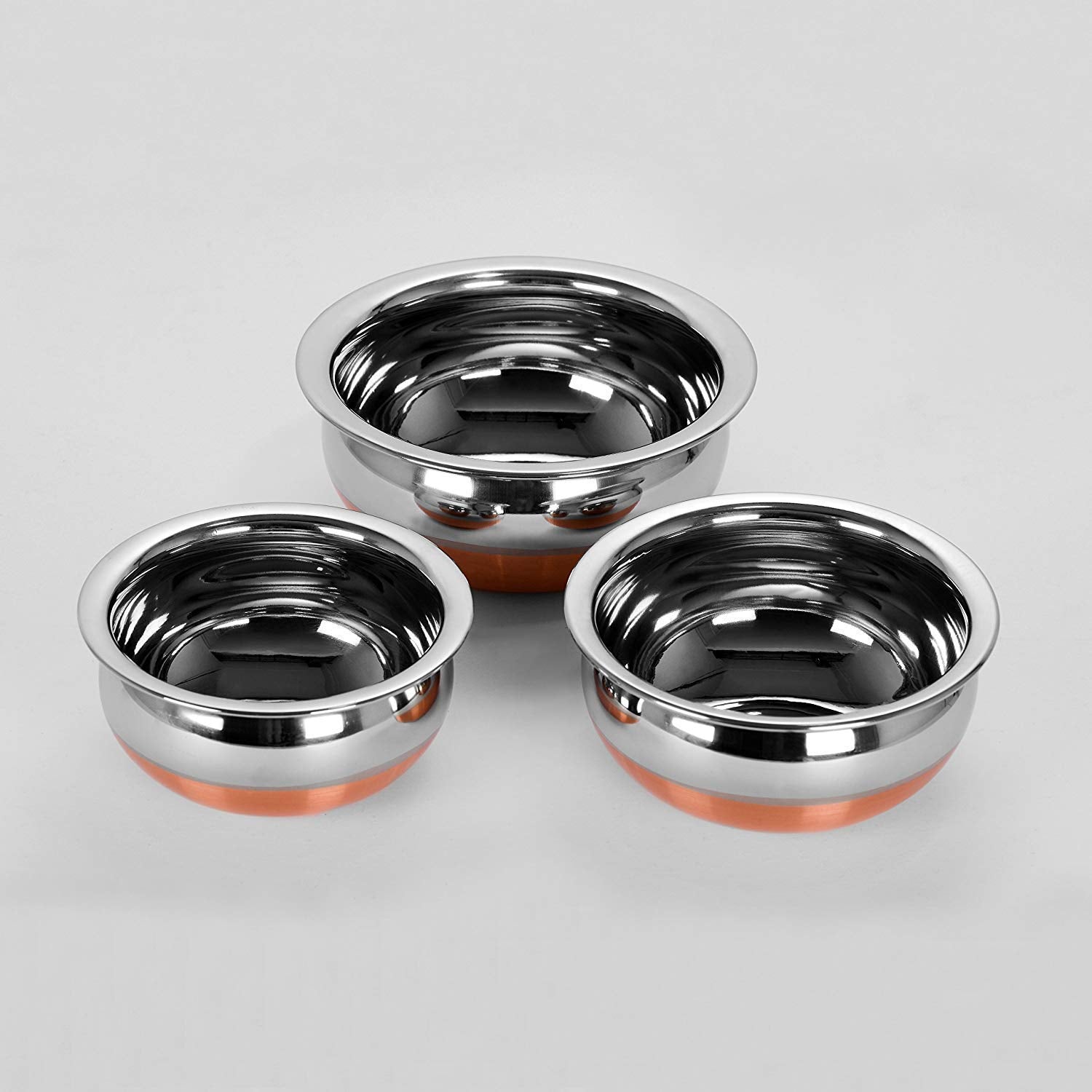 Stainless Steel Copper Bottom Cooking Serving Pot Biryani Handi Punjabi Handi - 3 Pcs Set