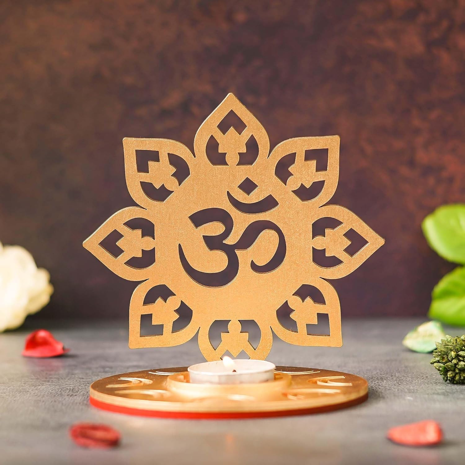4 pieces Red and Golden MDF Wooden Om Shadow Decorative Tea Light Candle Holder