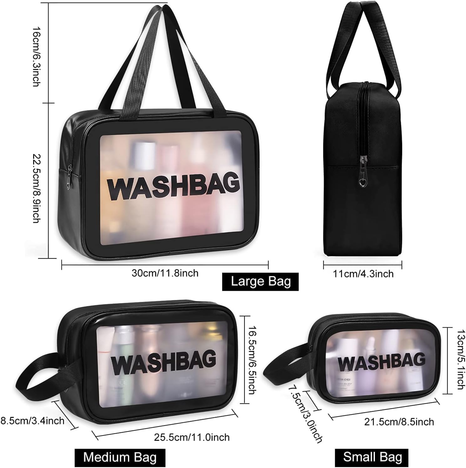 Wash Bag Pouch for Travel Kit Toiletry Bag Cosmetic Bag Make Up Box for Brushes, Accessories with Handle ,Large Capacity Waterproof Travel Storage Organizer Set of 3 (Black)