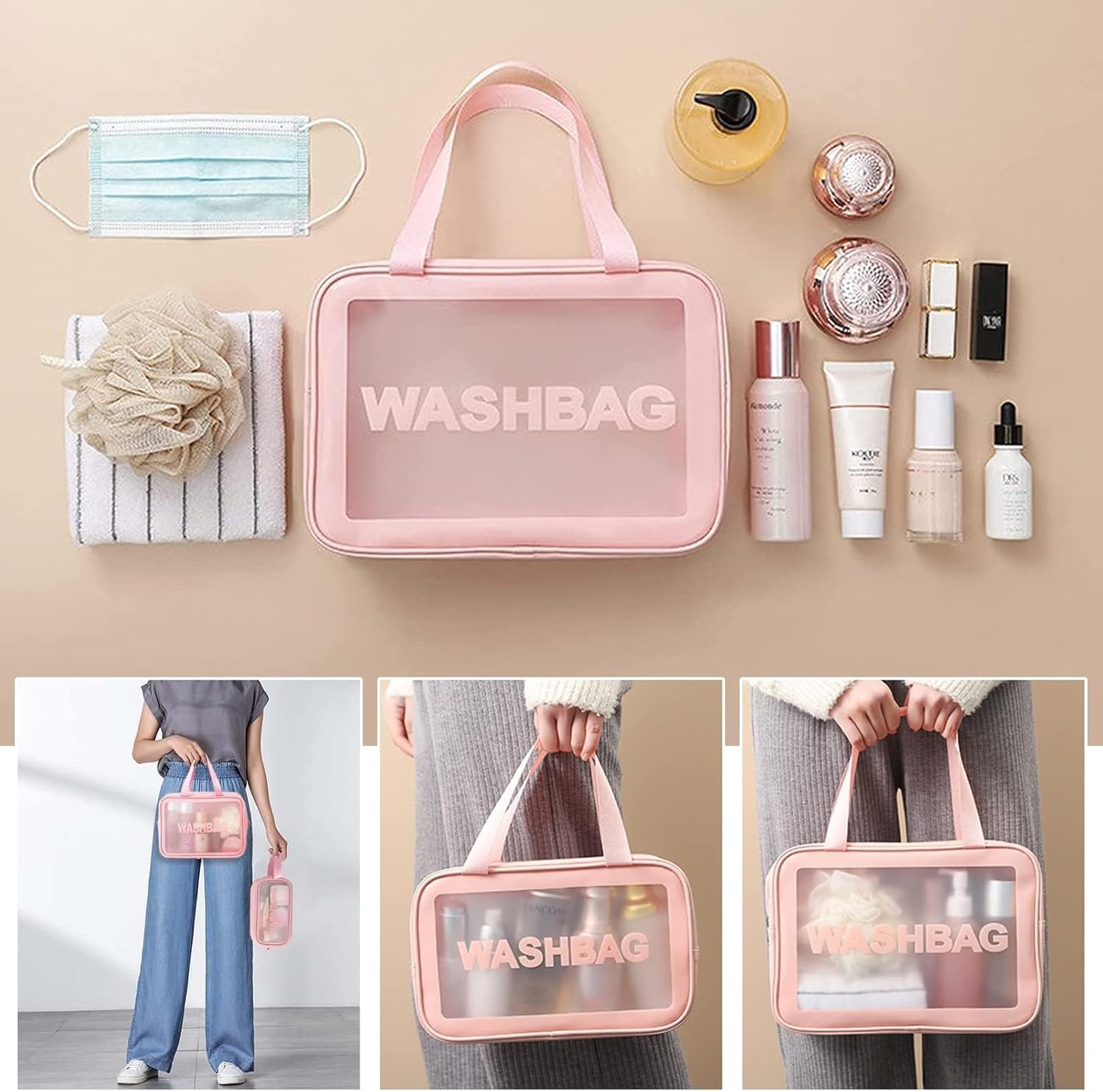 Wash Bag Pouch for Travel Kit Toiletry Bag Cosmetic Bag Make Up Box for Brushes, Accessories with Handle, Large Capacity Translucent Waterproof Travel Storage Organizer Set of 3 (Pink)