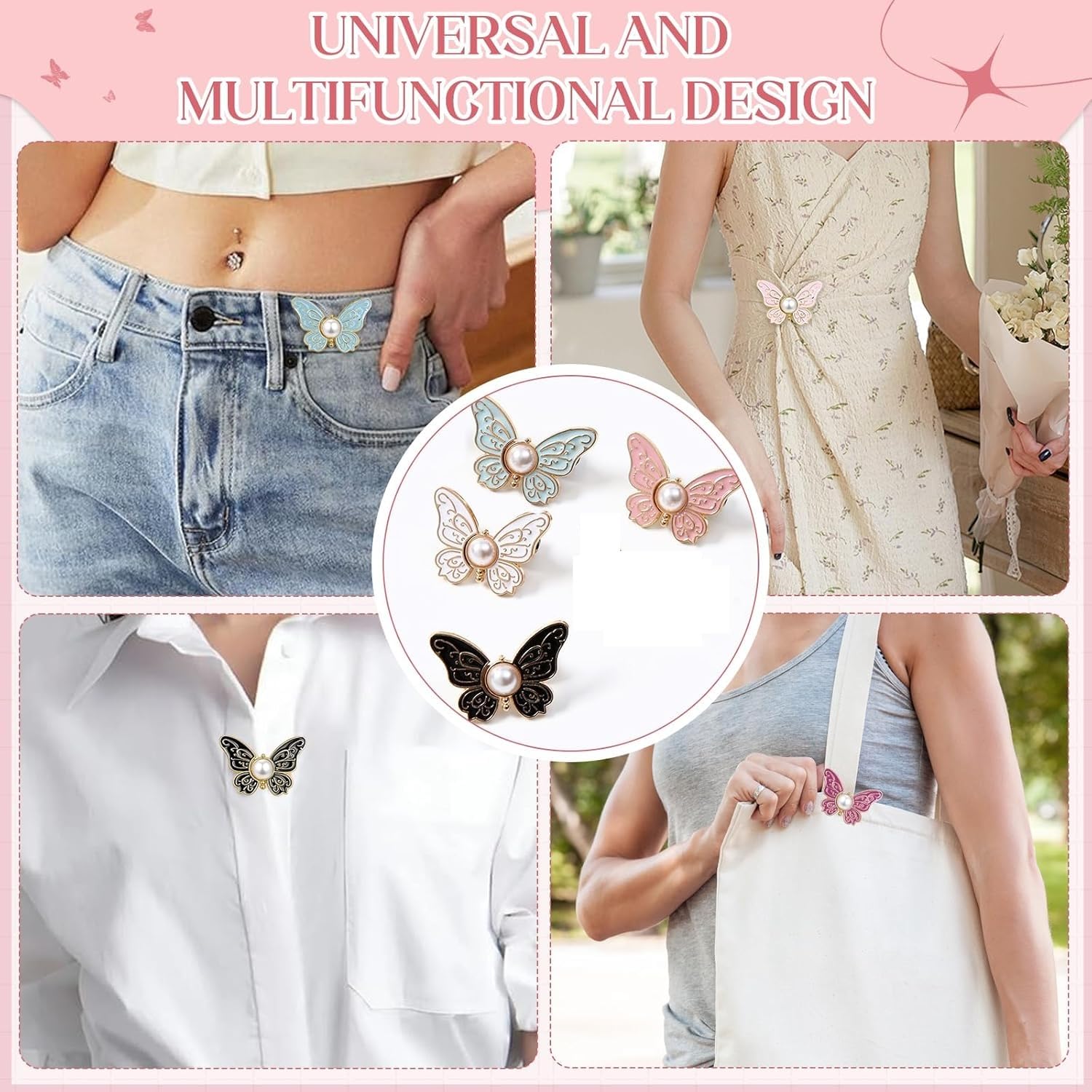 4 Sets Butterfly Jean Buttons Waist Tightener for Loose Pants, No-Sew Adjustable Waist Buckle Clips, Detachable Decorative Jean Button Pins for Women’s Jeans & Skirts