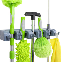 polypropylene broom holder wall mounted, jhadu mop and stick holder wall mount hanger stand storage organizer, broomstick, brooms, mops organizers for home, bathroom (5 Slot 6 Hooks)- Gray