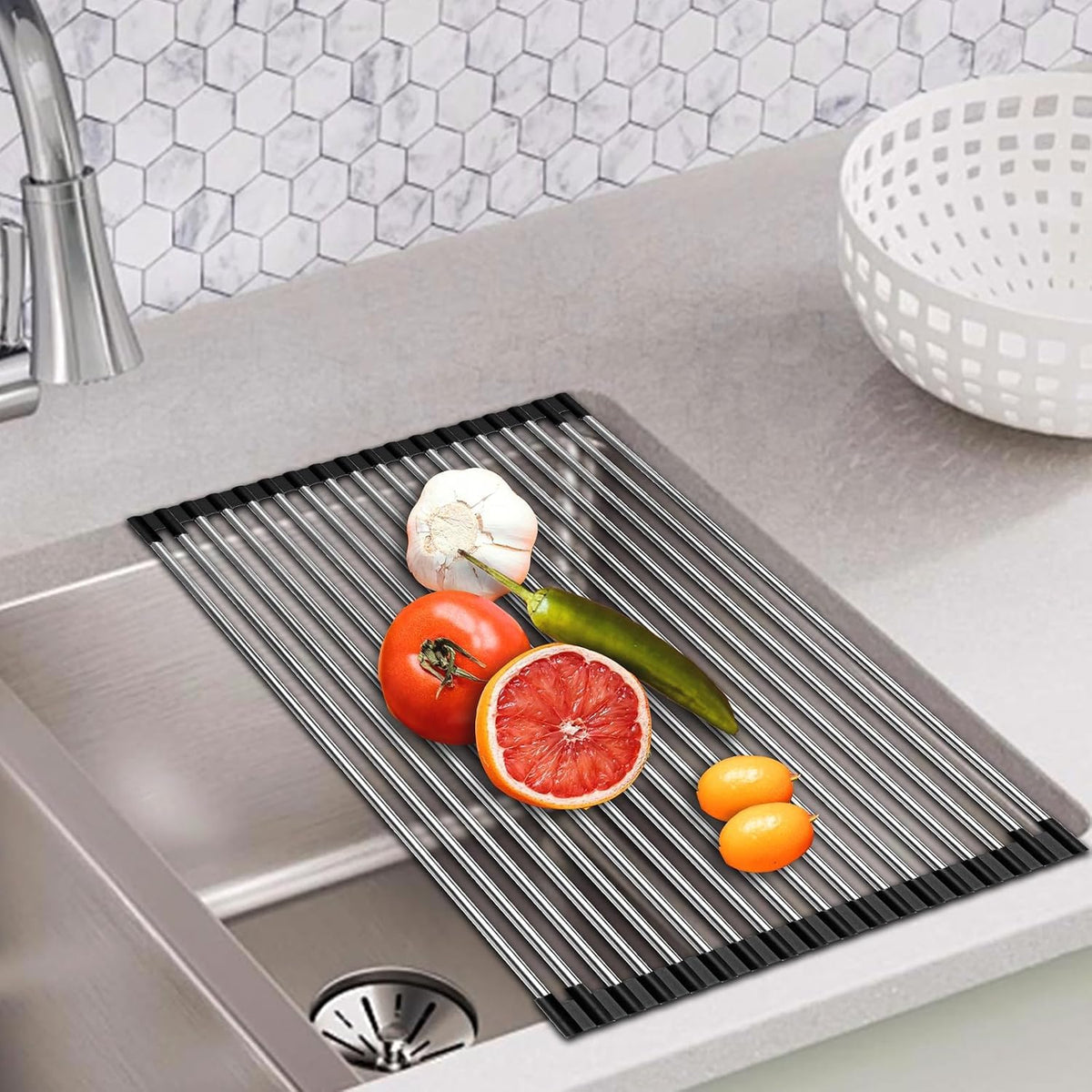 Foldable Roll Up 10 Pipe Dish Drying Rack Over The Sink Multipurpose Kitchen Counter Rolling up Stainless Steel Drainer for Cups, Utensils, Fruits, Vegetables