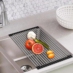 Foldable Roll Up 10 Pipe Dish Drying Rack Over The Sink Multipurpose Kitchen Counter Rolling up Stainless Steel Drainer for Cups, Utensils, Fruits, Vegetables