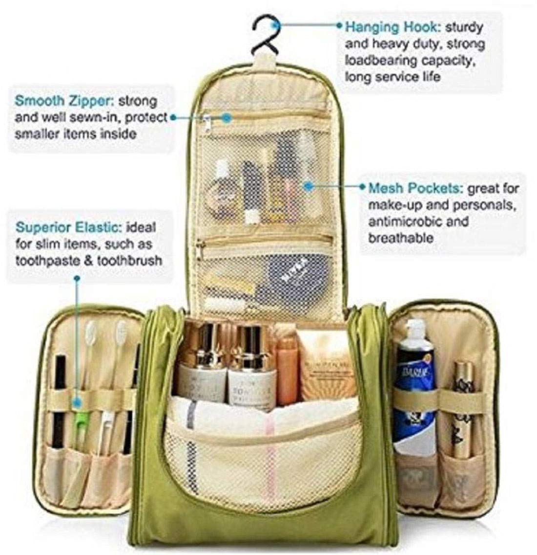 Waterproof Travel Bag Beauty Make Up Toiletry Wash Bag Zipper Cosmetic Case Multifunctional Large Makeup Cosmetic Bag with Hanging Hook (Green)