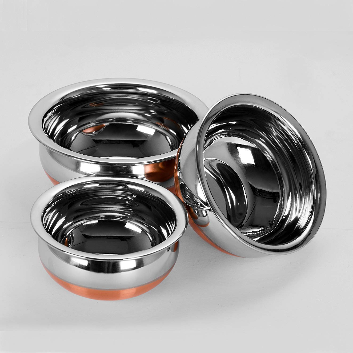 Stainless Steel Copper Bottom Cooking Serving Pot Biryani Handi Punjabi Handi - 3 Pcs Set