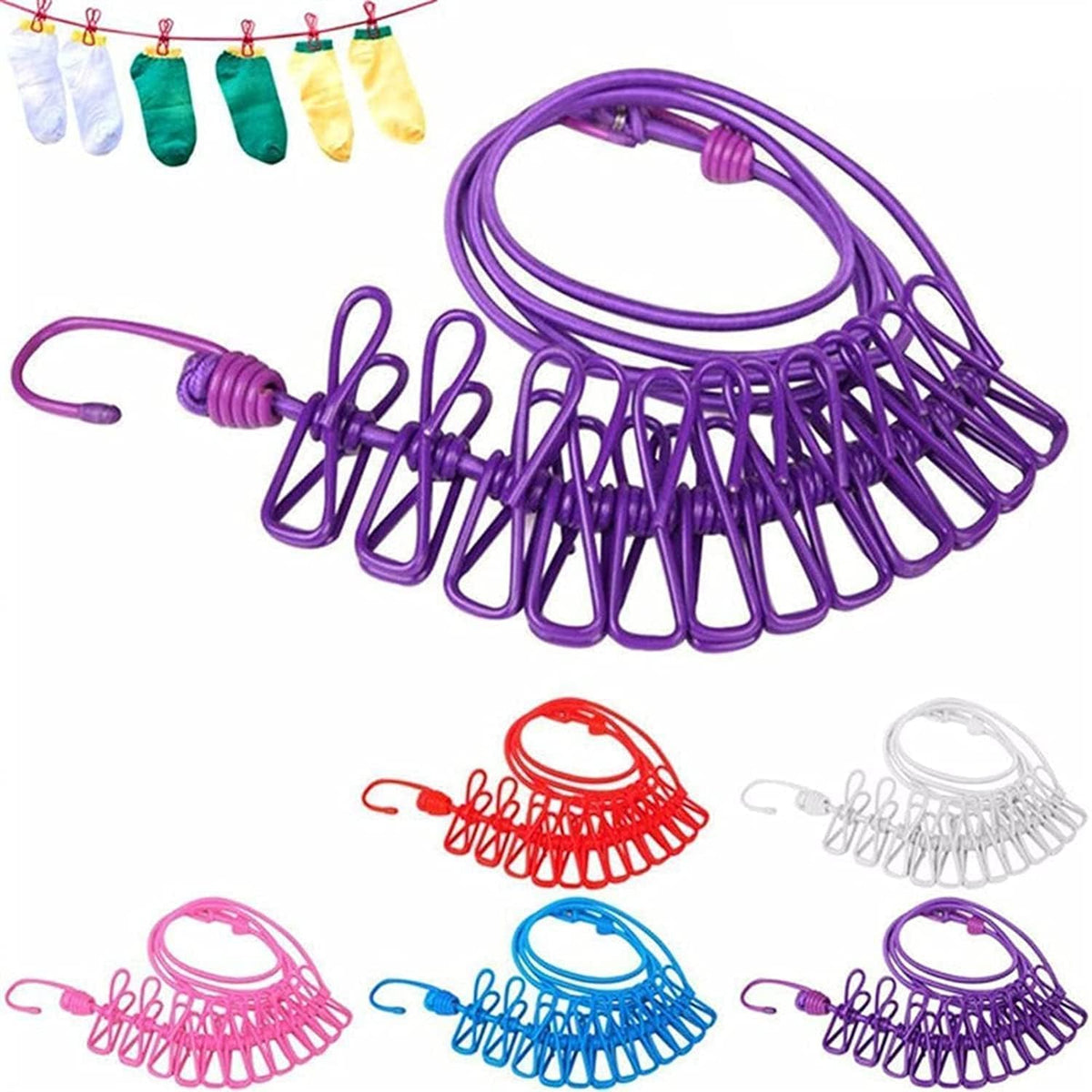 Portable Travel Clothesline, Adjustable Elastic Camping Windproof Retractable Clothes line with 12 PCS Clothespins for Outdoor and Indoor Use (1 PC)
