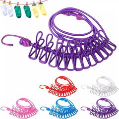 Portable Travel Clothesline, Adjustable Elastic Camping Windproof Retractable Clothes line with 12 PCS Clothespins for Outdoor and Indoor Use (1 PC)