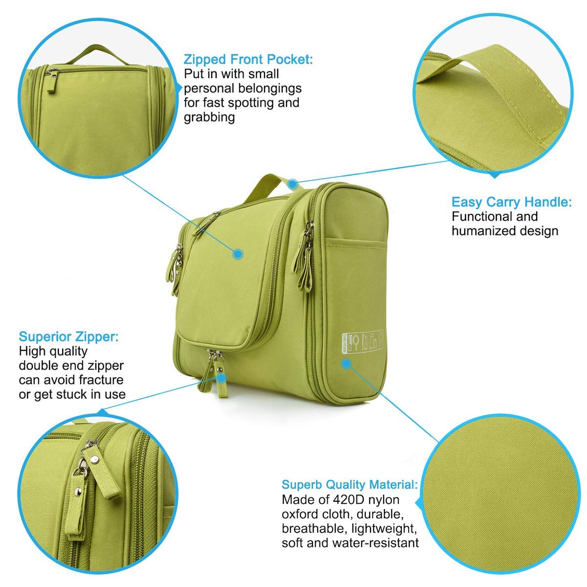 Waterproof Travel Bag Beauty Make Up Toiletry Wash Bag Zipper Cosmetic Case Multifunctional Large Makeup Cosmetic Bag with Hanging Hook (Green)