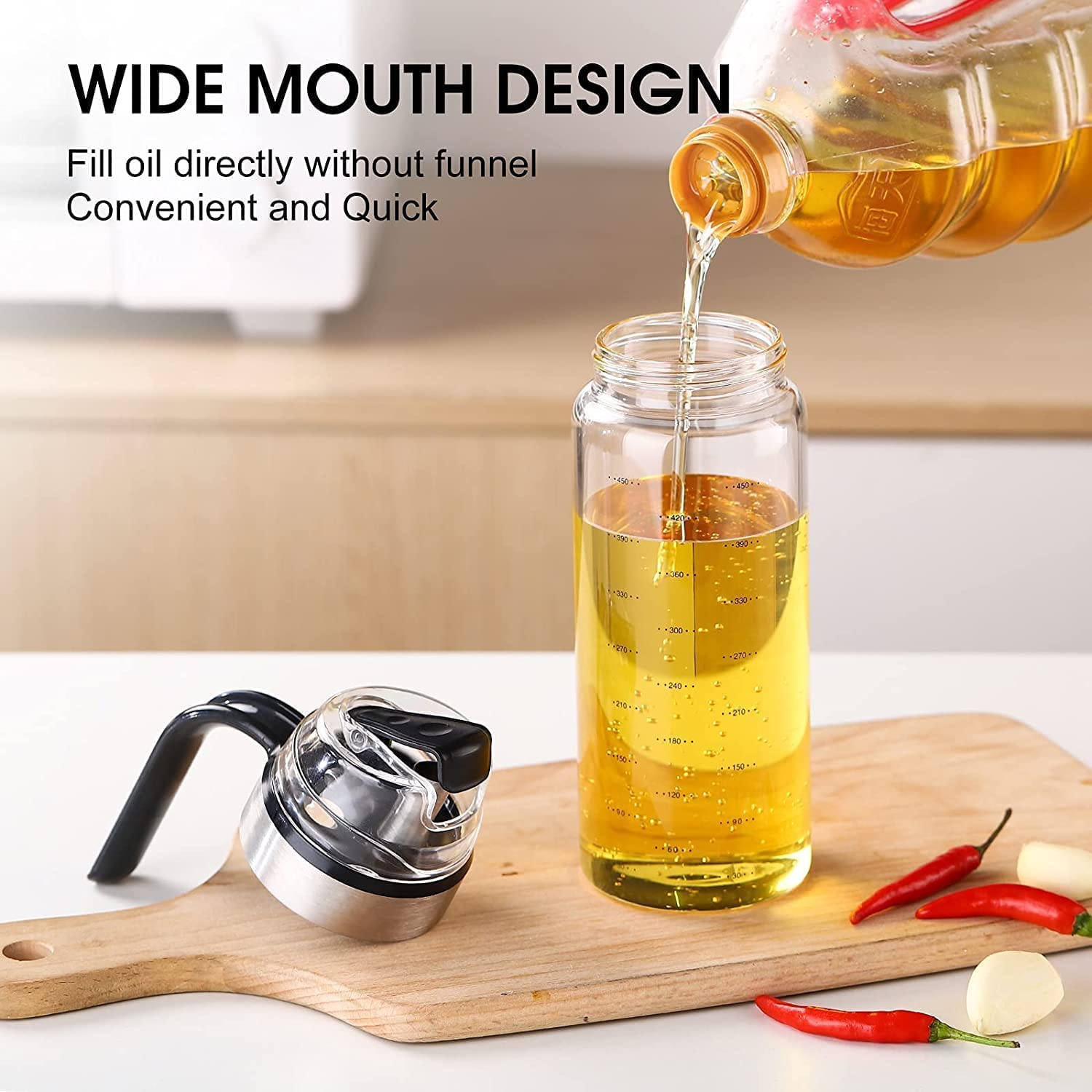 Effortless Pour 500ML Auto Flip Cooking Oil Bottle - Glass Cruet Dispenser with Non-Slip Handle for Olive Oil, Vinegar, Soy Sauce - Kitchen Essential (1 pcs)