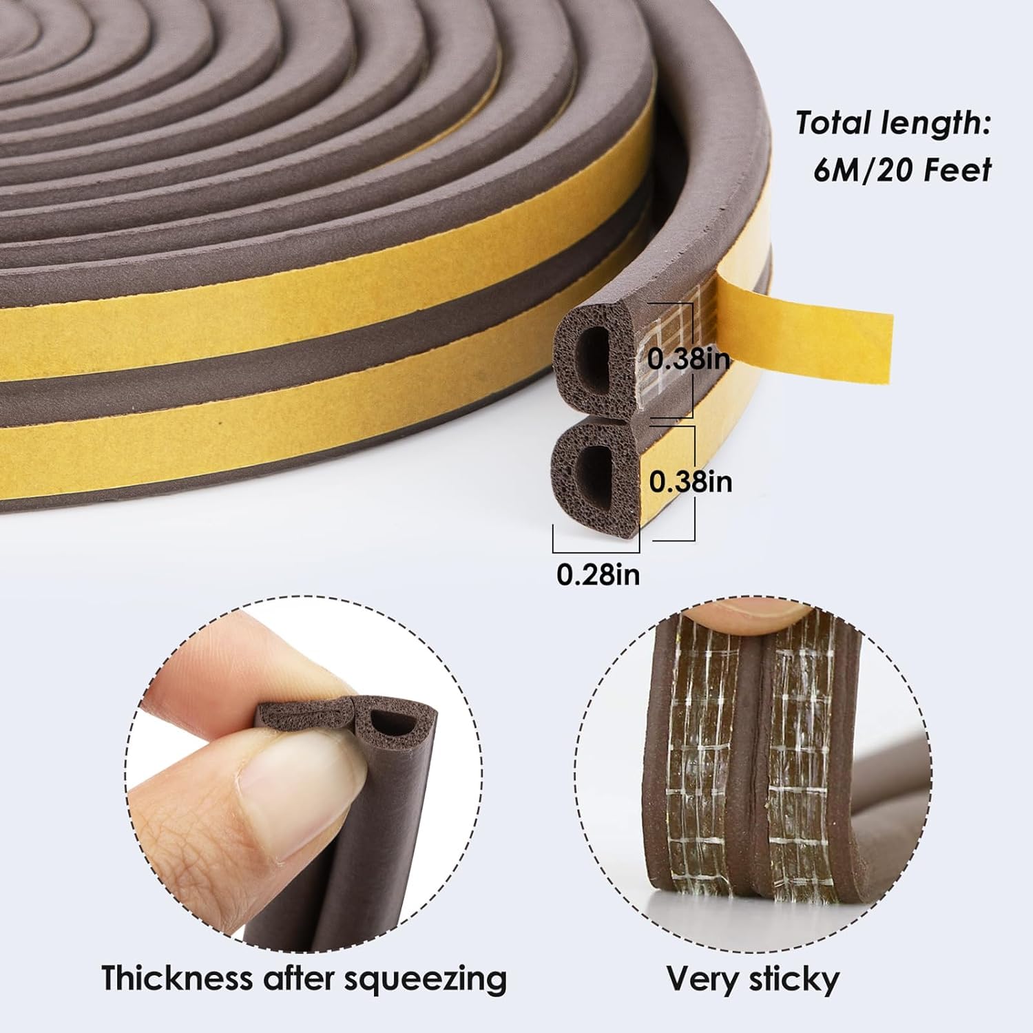 Door Seal D-Type Strip Weather Stripping Self Adhesive Foam for Doors and Windows, Soundproofing Weathers trip Gap Collision Avoidance (Pack of 2, Brown) (2)