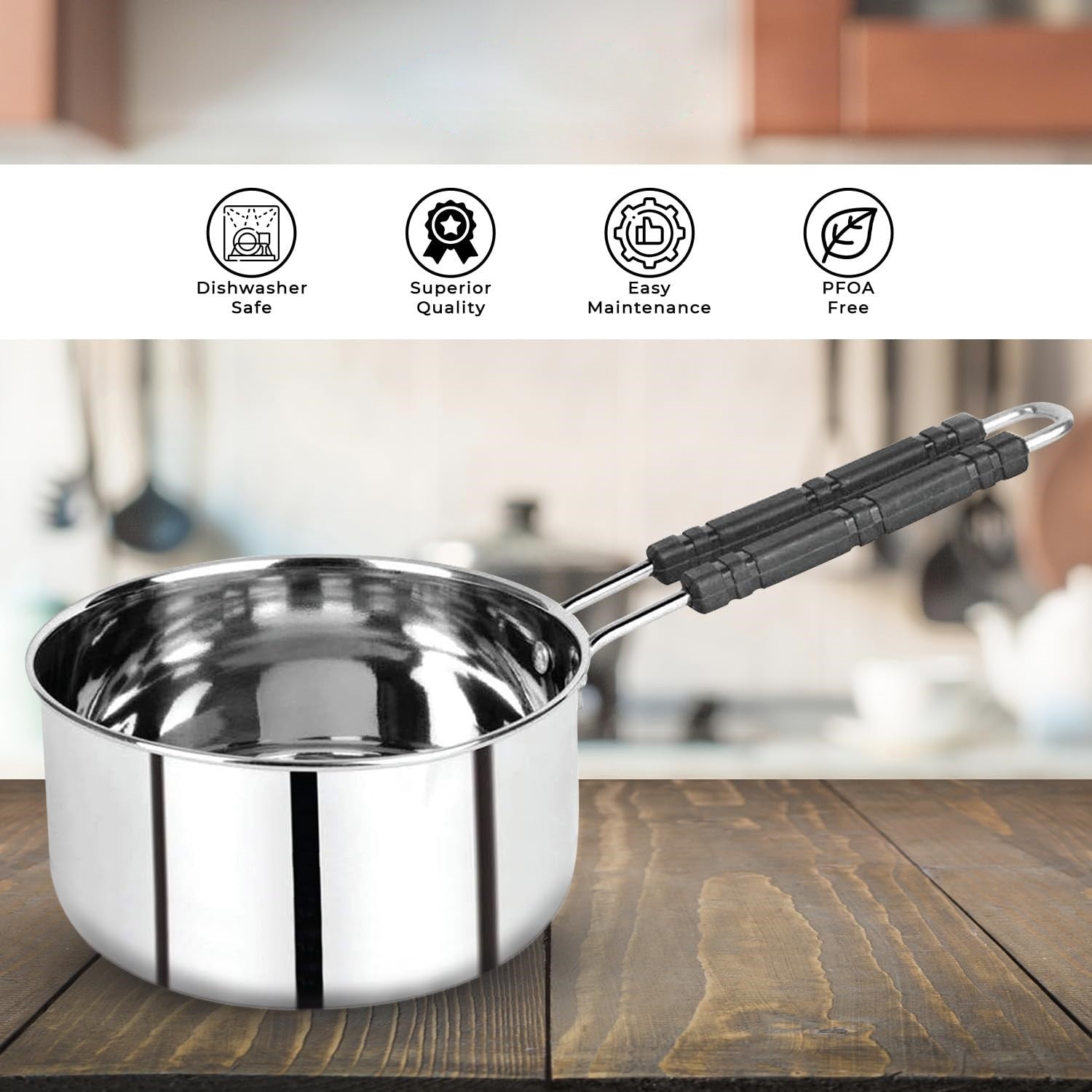 Heavy Gauge Stainless Steel Sauce Pan, Tea Pan, Milk Pan Pot Tapeli Patila Milk Boiler Induction & Gas Compatible Heat-Resistant Bakelite Handle (Silver 2 Litre)