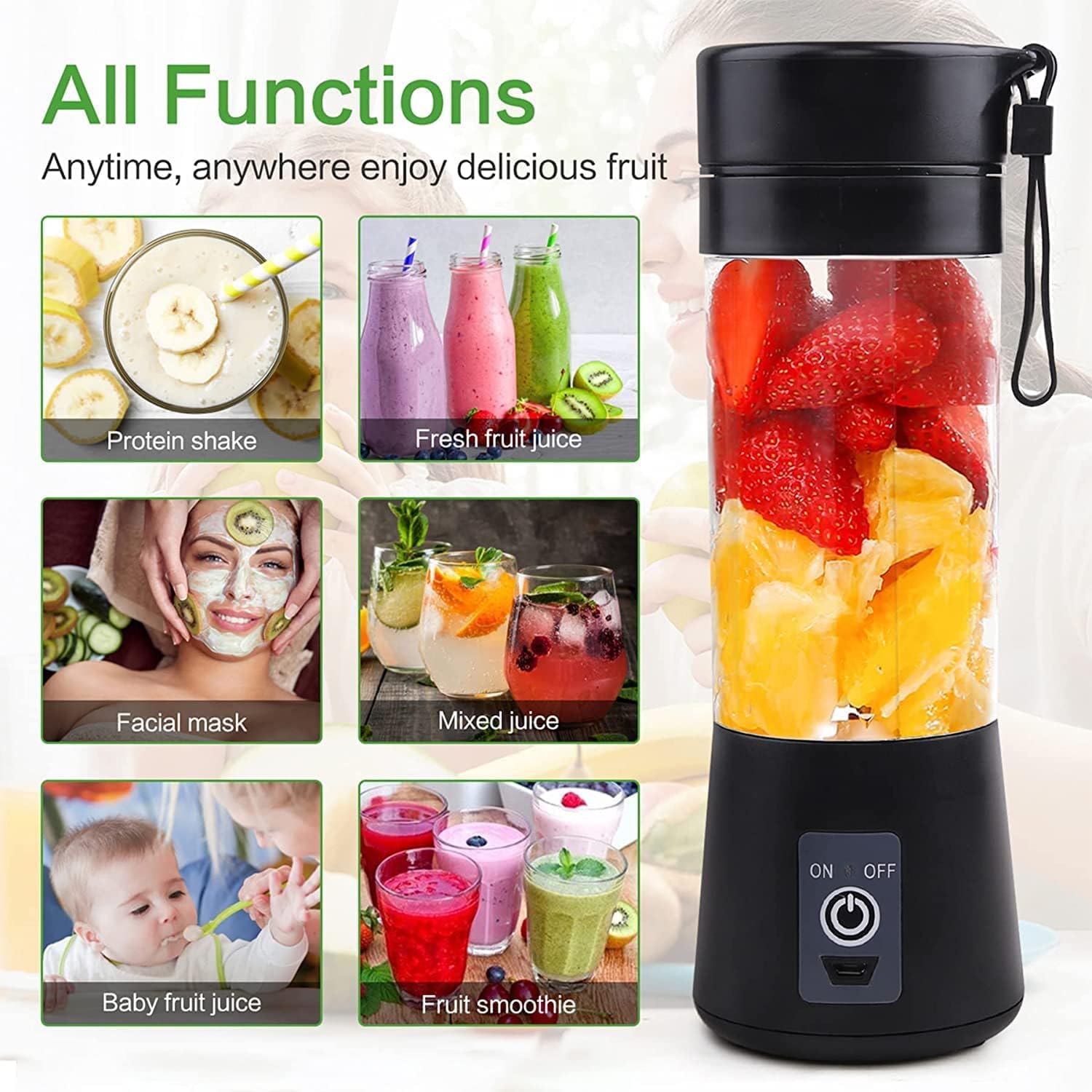 Blender For Smoothie And Juices & Protein Shakes | 6 Blade Usb Rechargeable Fruit Juicer for Gym, Office, School, Outdoor, Picnic, Travel | built-in Jar (Black)