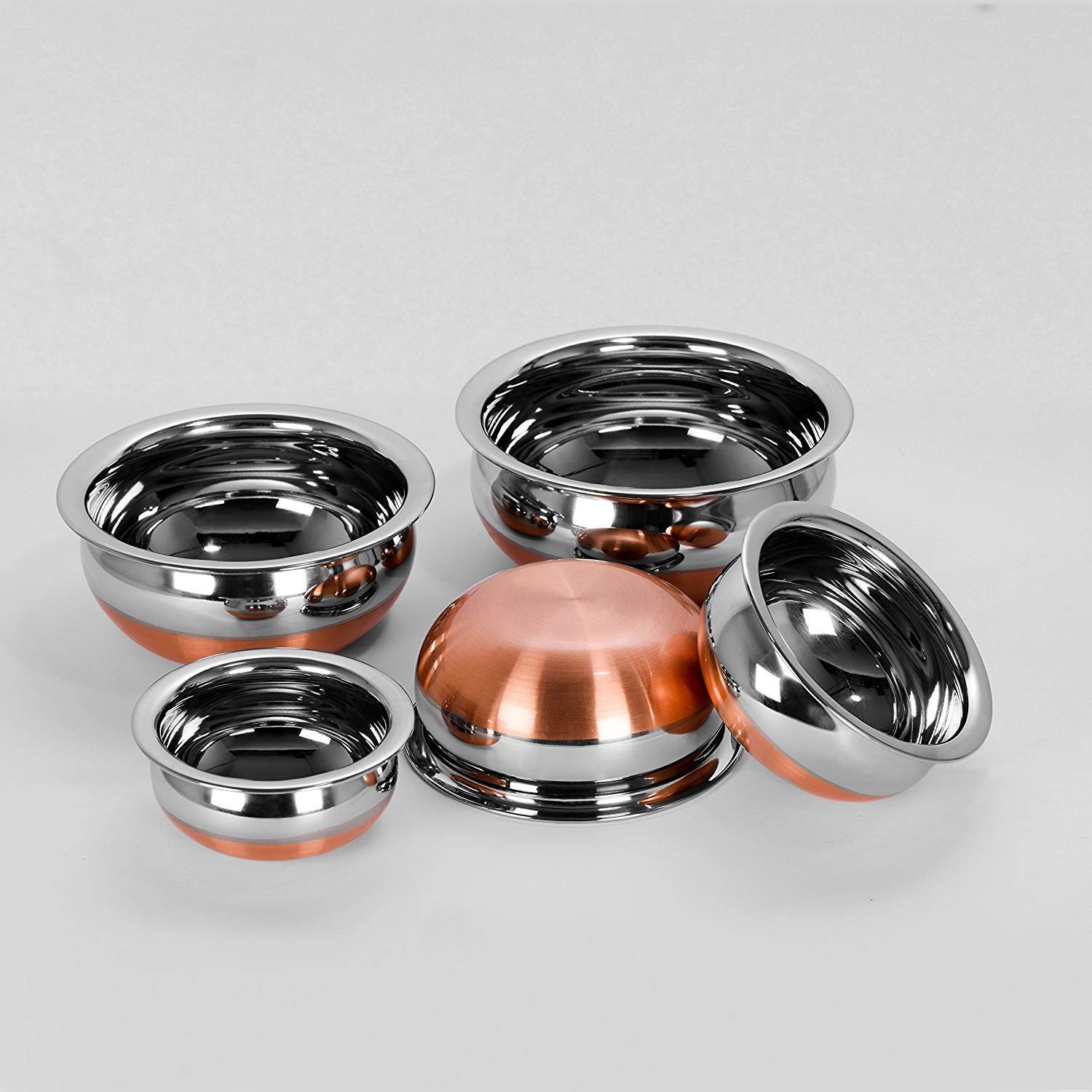 Stainless Steel Copper Bottom Kitchen Serving,Cooking Bowl Handi Set 5-Pieces Biryani Handi,Biryani, Punjabi Pot Pan Combo Handi Set 5 Piece