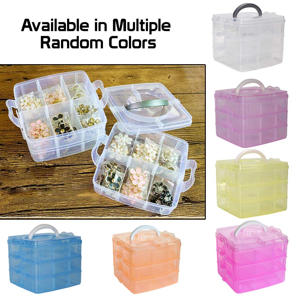 Plastic 3 Tier Stackable Adjustable 18 Compartment Slot Snap-Lock Bead Craft Jewellery Tool Organiser (Light Pink)