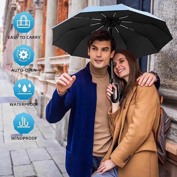 Umbrella for Men Women || Folding Umbrella With Carabiner Handle || 10 Reinforced Ribles || Windproof and Sunproof || Auto Umbrella Big Size for Men/Women/Kids (Sky)