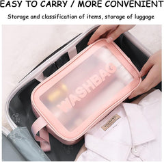Wash Bag Pouch for Travel Kit Toiletry Bag Cosmetic Bag Make Up Box for Brushes, Accessories with Handle, Large Capacity Translucent Waterproof Travel Storage Organizer Set of 3 (Pink)