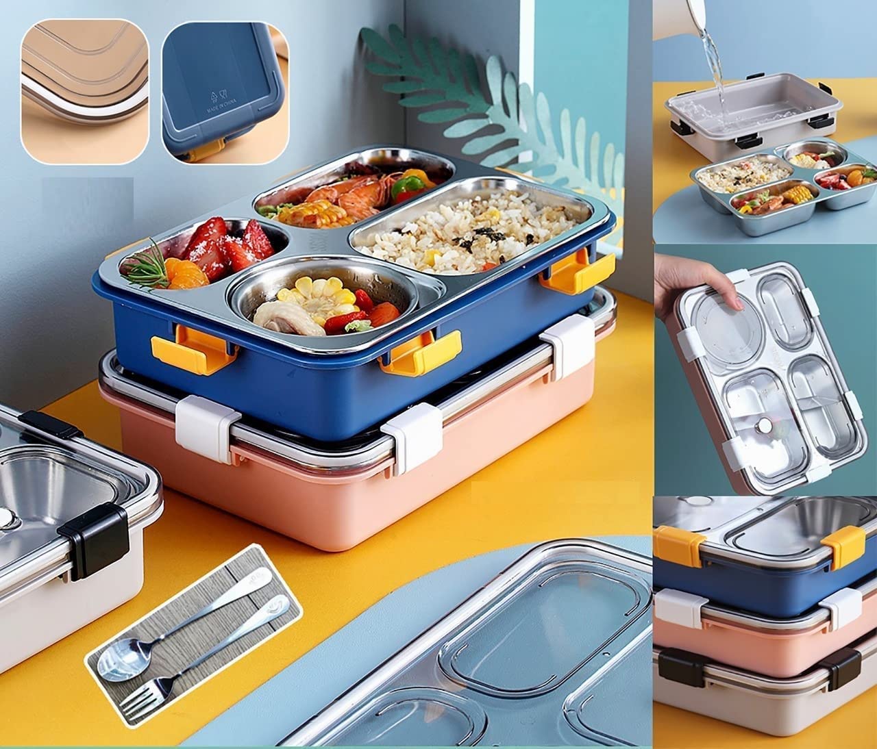 Lunch Box Sealed Leakage Proof Stainless Steel Lunch Box with Fork Chopstick&Spoon Lid Office Food Container for School Kids and Adults 750ml (4 Compartment)
