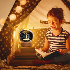 3D Engraved Deer Crystal Globe Lamp | USB LED Night Light with Wooden Base | Creative 6 cm Crystal Ball Table Lamp for Bedroom, Home, Office Décor & Gifting