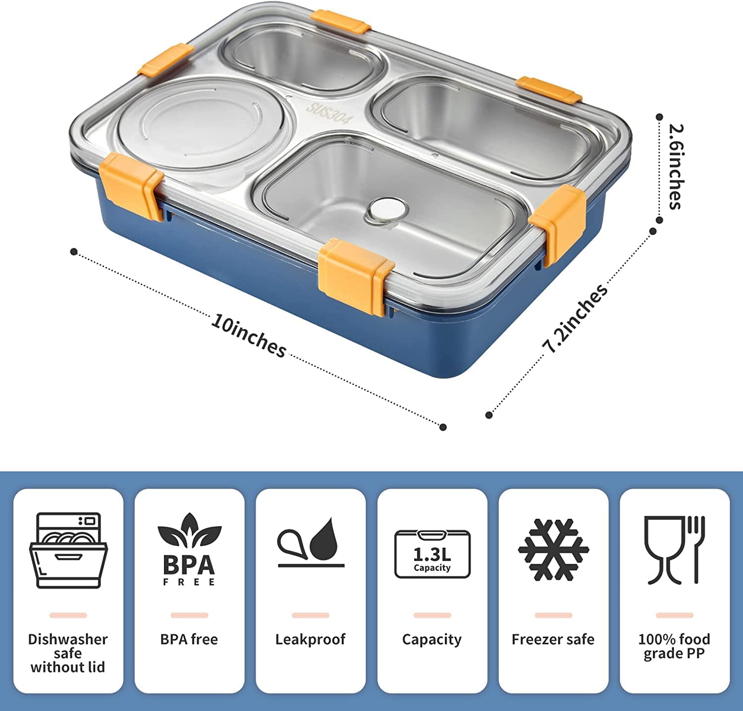 Lunch Box Sealed Leakage Proof Stainless Steel Lunch Box with Fork Chopstick&Spoon Lid Office Food Container for School Kids and Adults 750ml (4 Compartment)