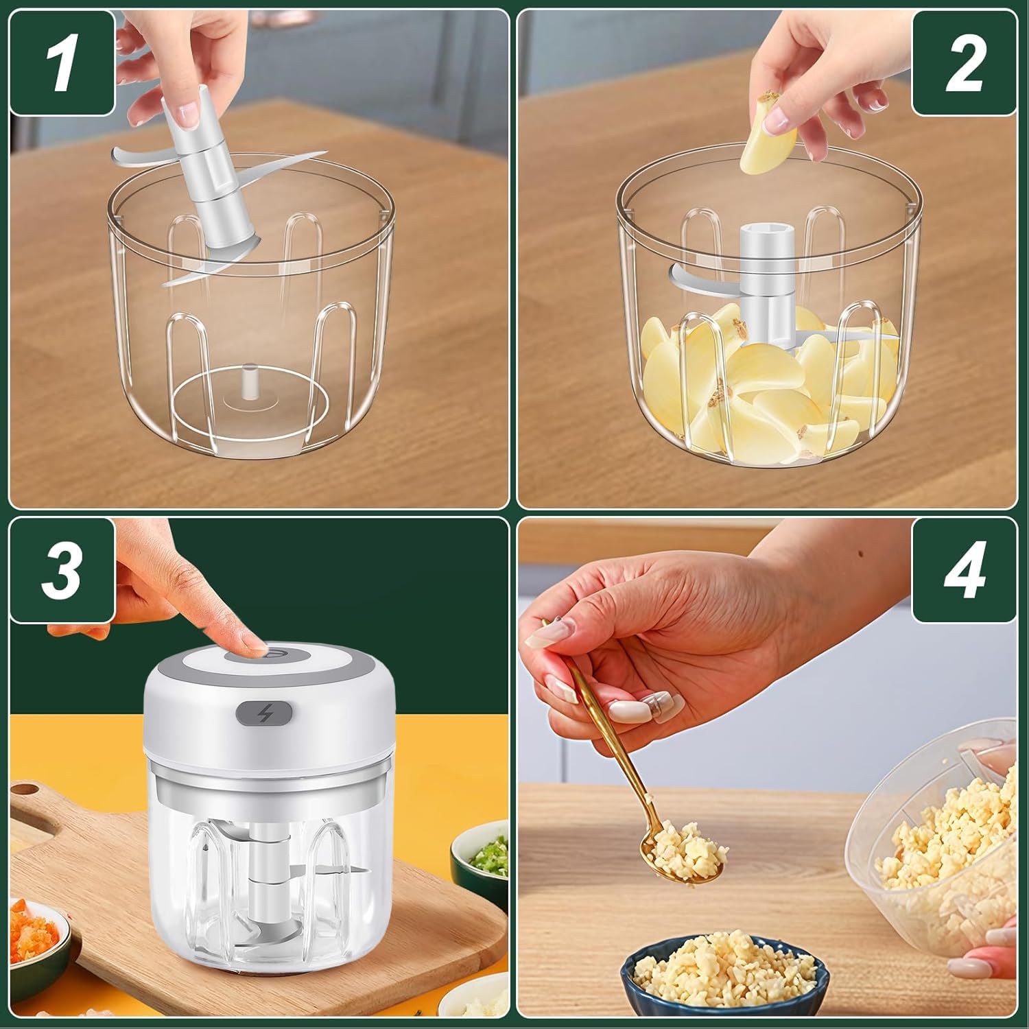 Rechargeable Mini Electric Chopper, Food Grade Bowl, Stainless Steel Blades, One Touch Operation, for Mincing Garlic, Ginger, Onion, Vegetable, Meat, Nuts, 250 ML