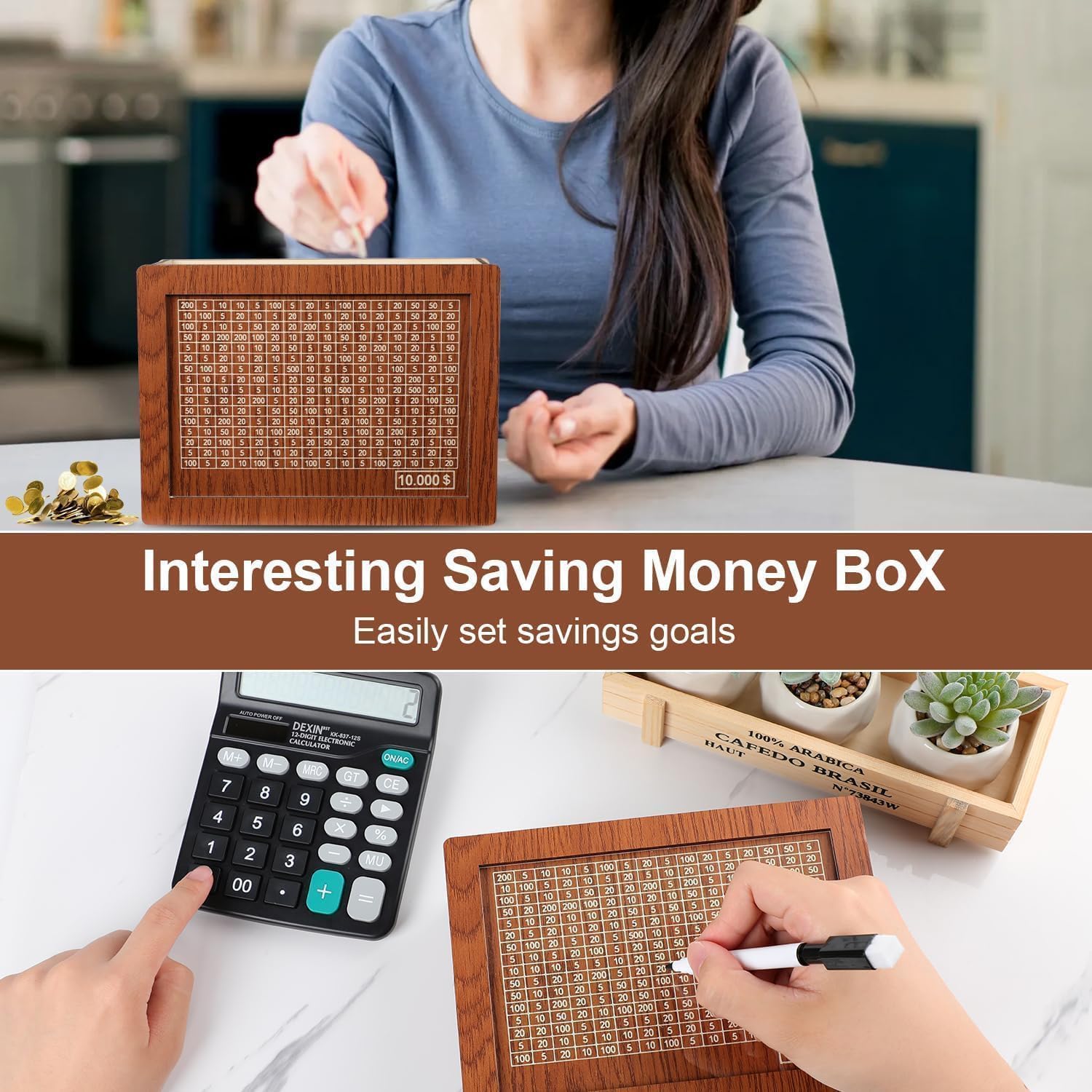 Money Bank Wooden Piggy Bank for Kids & Adults, Coin Box with Carved Design, Savings Box, Mini Bank, Wooden Coin Box, Money Saver, Piggy Bank with Numbers