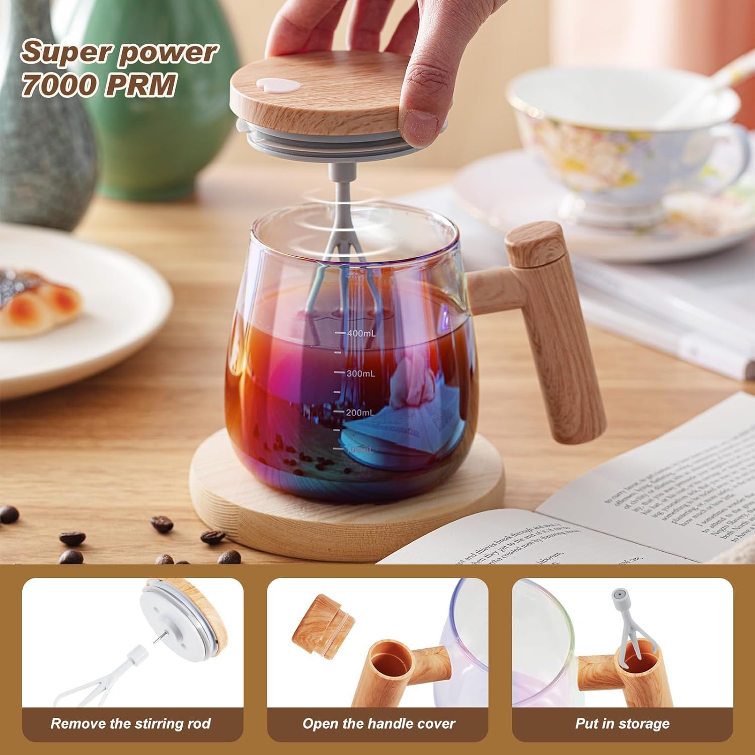 OYZEKX Electric Self-Stirring Coffee Mug Borosilicate Mixing Cup with Lid for Effortless Coffee, Milk, and Protein Powder Mixing at Home, Office, or Travel (400 ml)