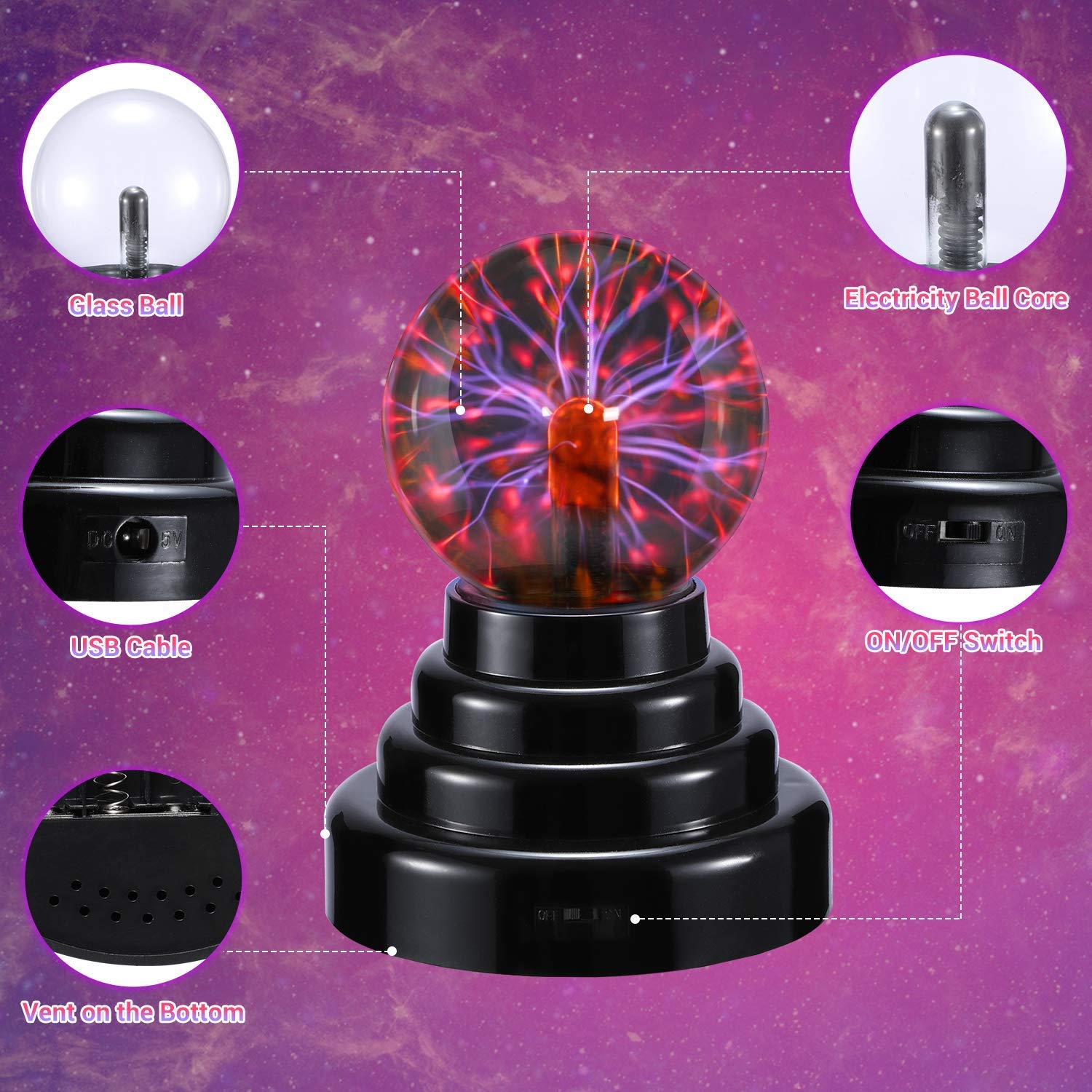 Plasma Ball/Light/Lamp, Static Electricity Globe Electric Lightning Ball, Touch Sensitive, USB Powered, Amazing Gift for Parties, Birthday and Holiday, 3 Inch