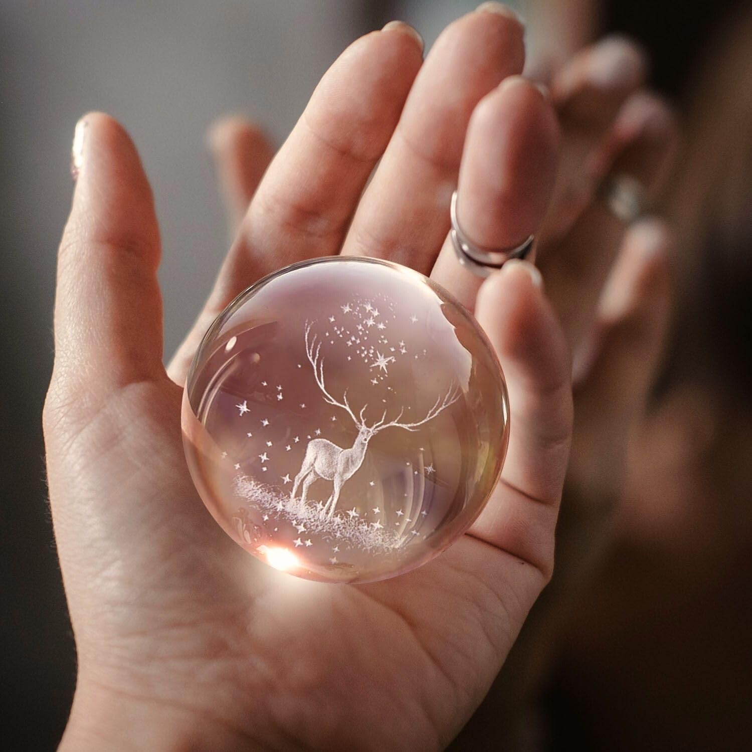 3D Engraved Deer Crystal Globe Lamp | USB LED Night Light with Wooden Base | Creative 6 cm Crystal Ball Table Lamp for Bedroom, Home, Office Décor & Gifting