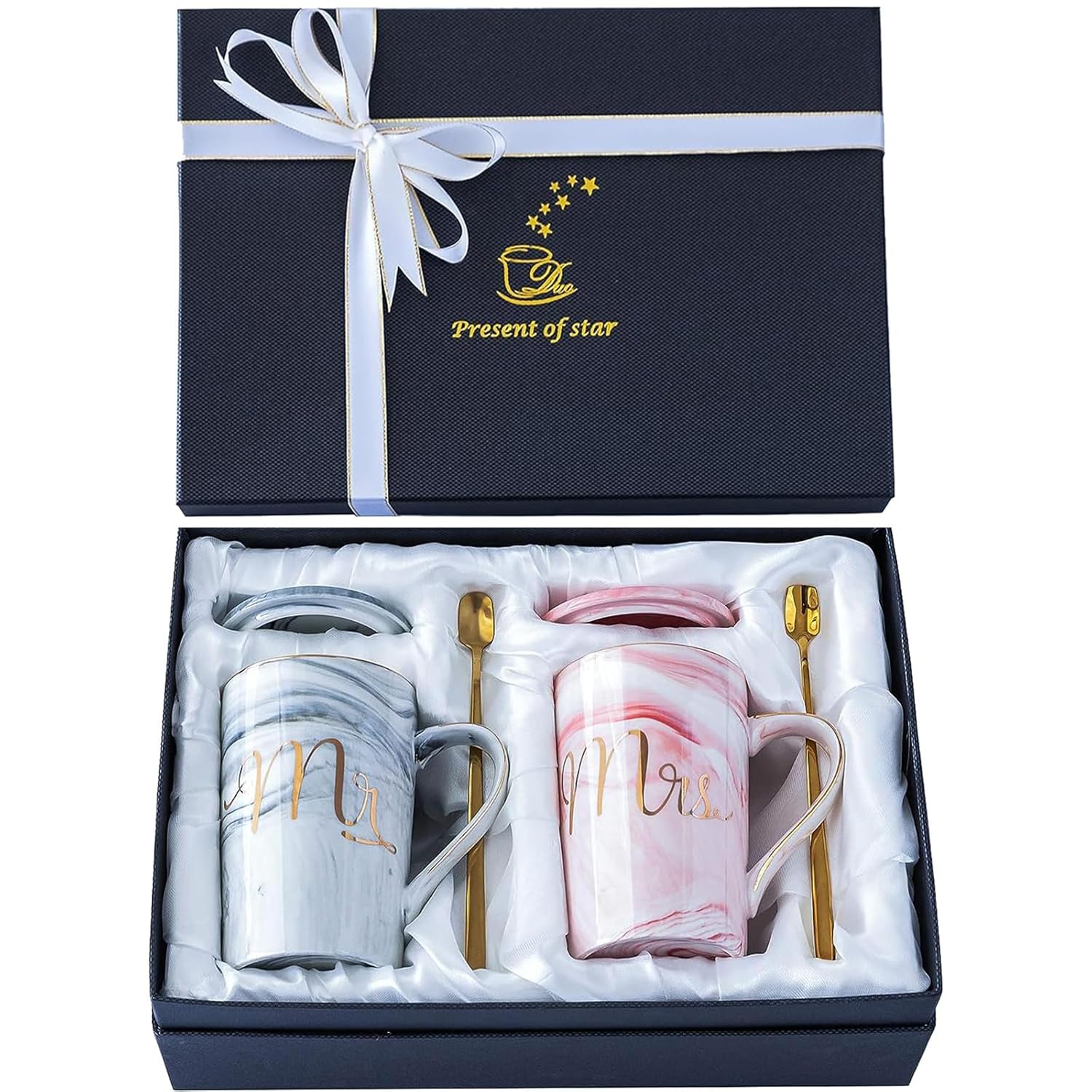 Ceramic Marble Finish Coffee Mug With Lid & Spoon For Anniversary Wedding Engagement Valentine Gifts For Couple (400 ML)